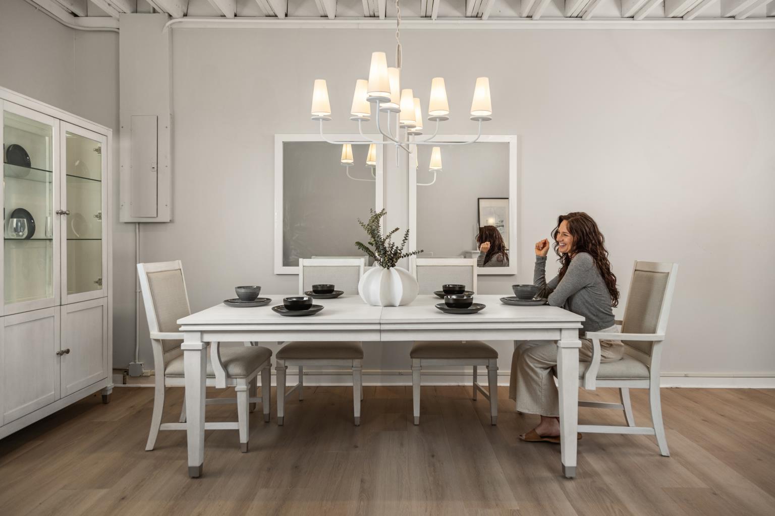 Point Breeze Leg Table w/ Self Storing Leaf (76"-96"). Fresh White Finish