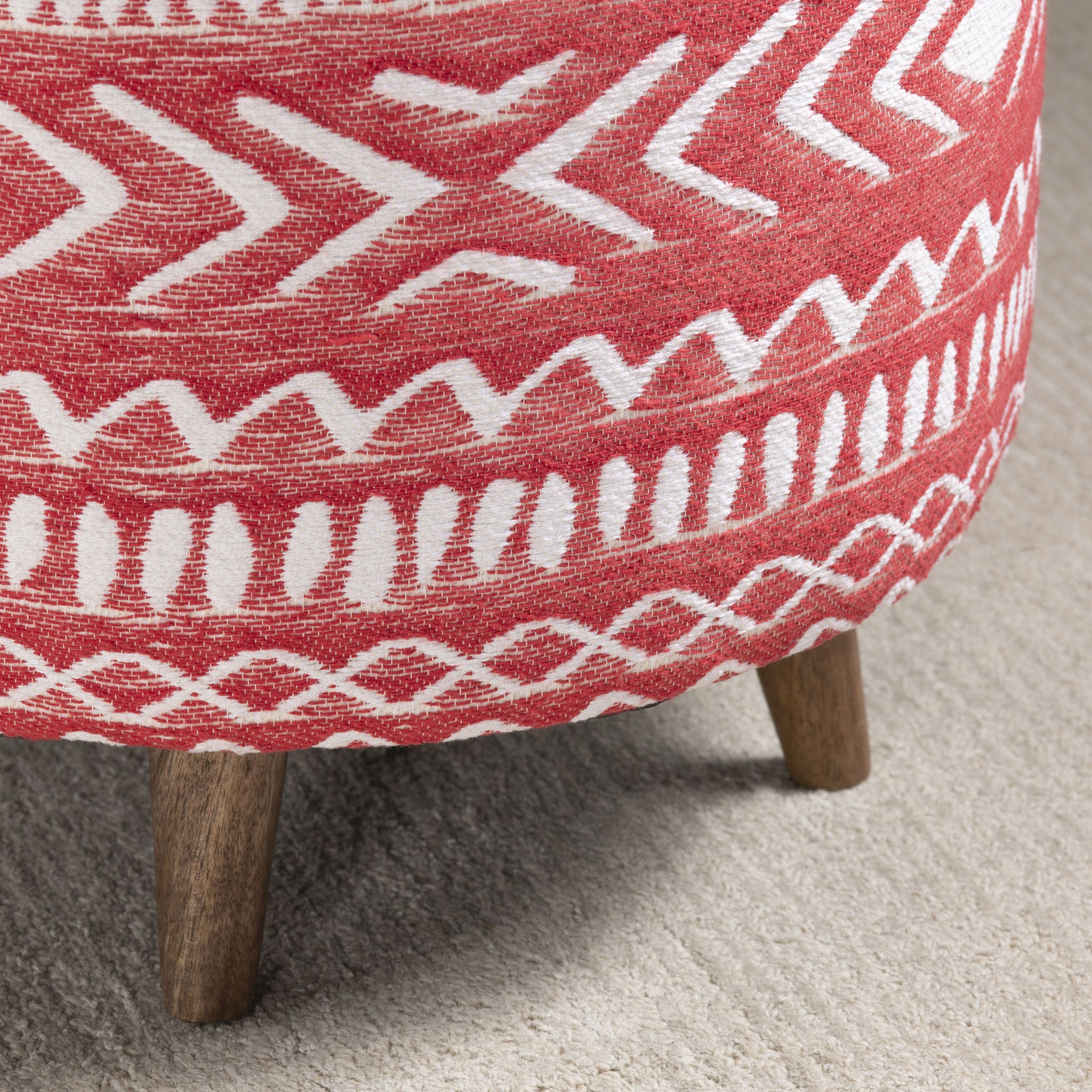 Halvorson Round Red Upholstered and Mango Foot Stool Ottoman - Image 3
