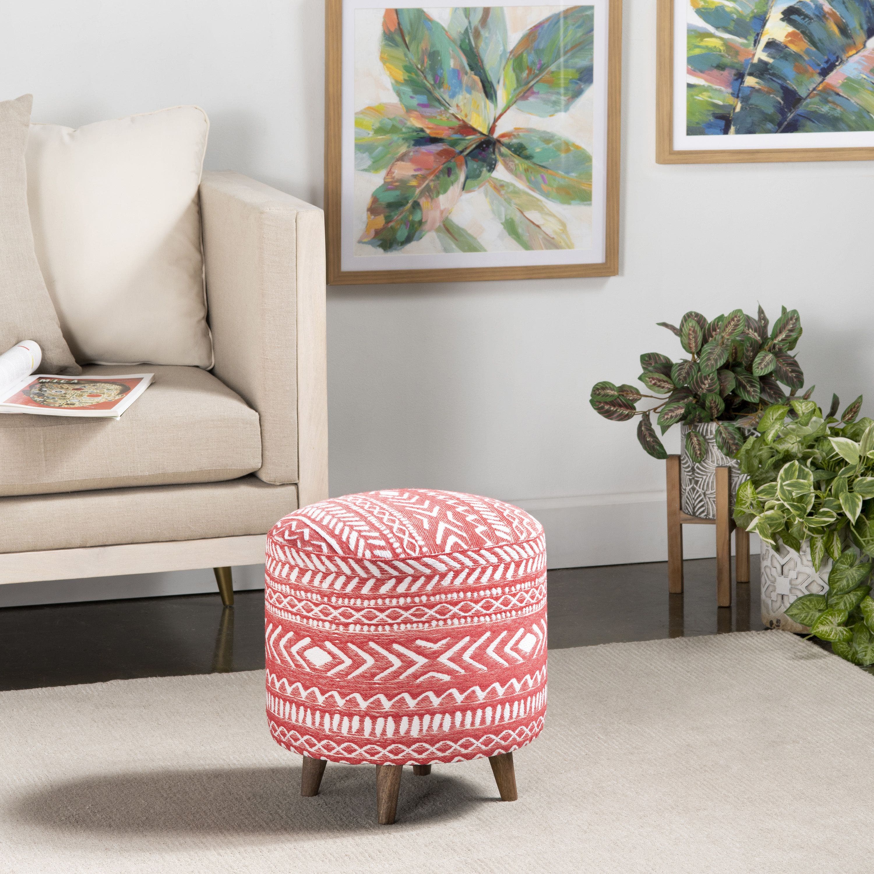 Halvorson Round Red Upholstered and Mango Foot Stool Ottoman - Image 4