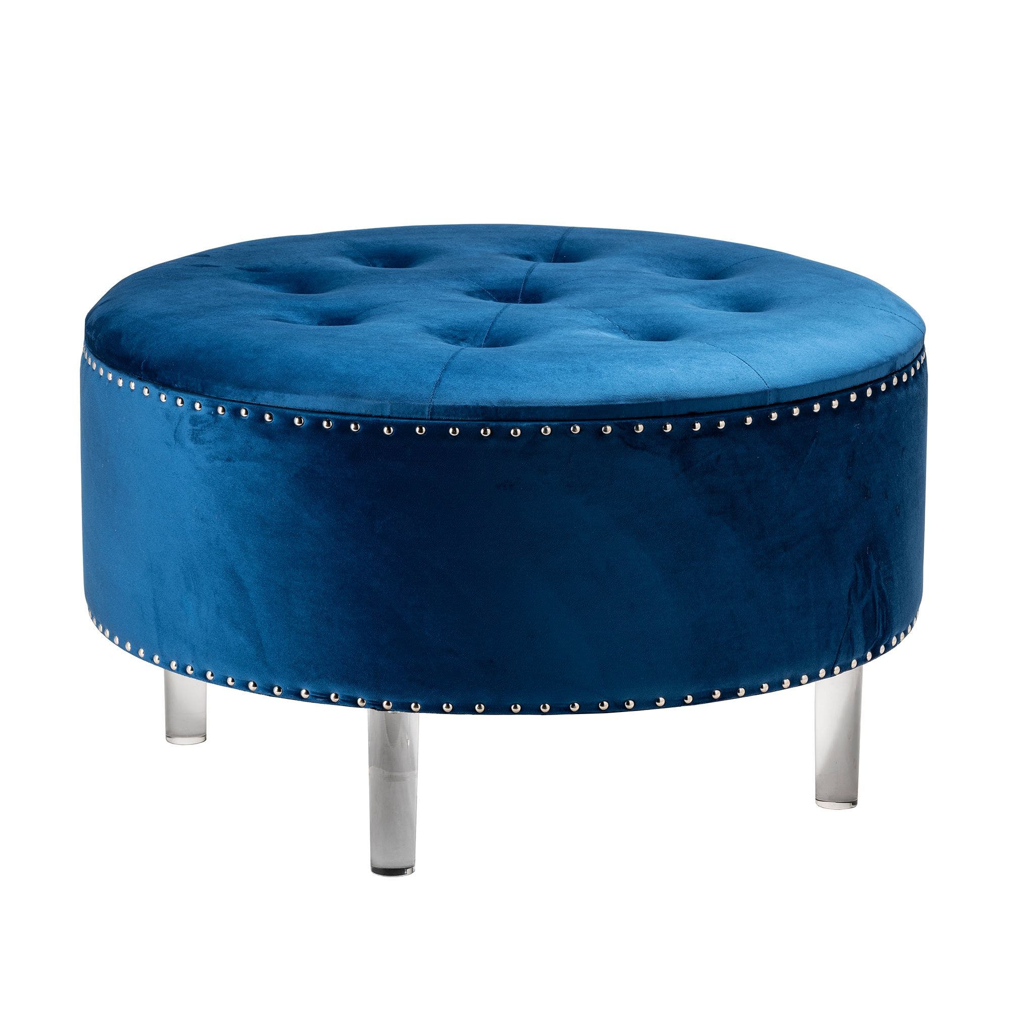Natalia Round Blue Velvet Storage Ottoman - Image 2