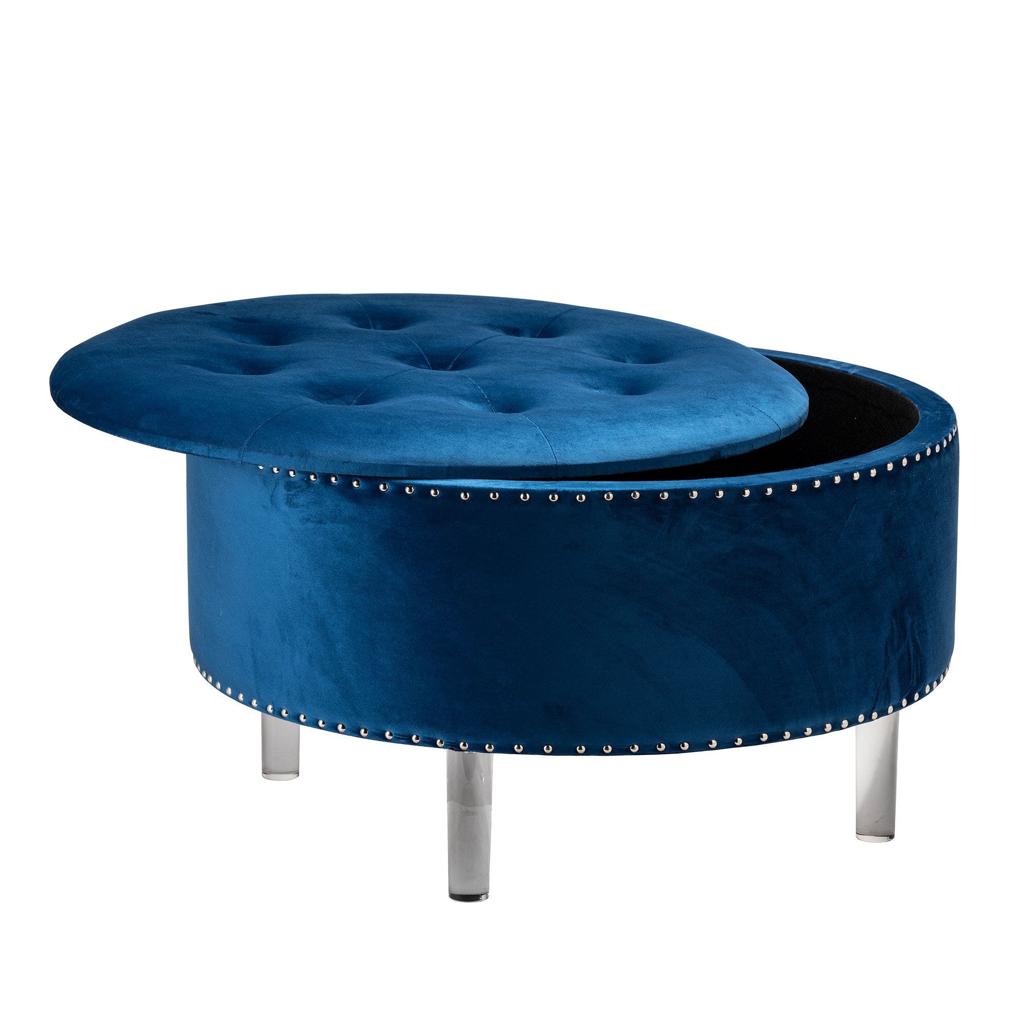 Natalia Round Blue Velvet Storage Ottoman - Image 3