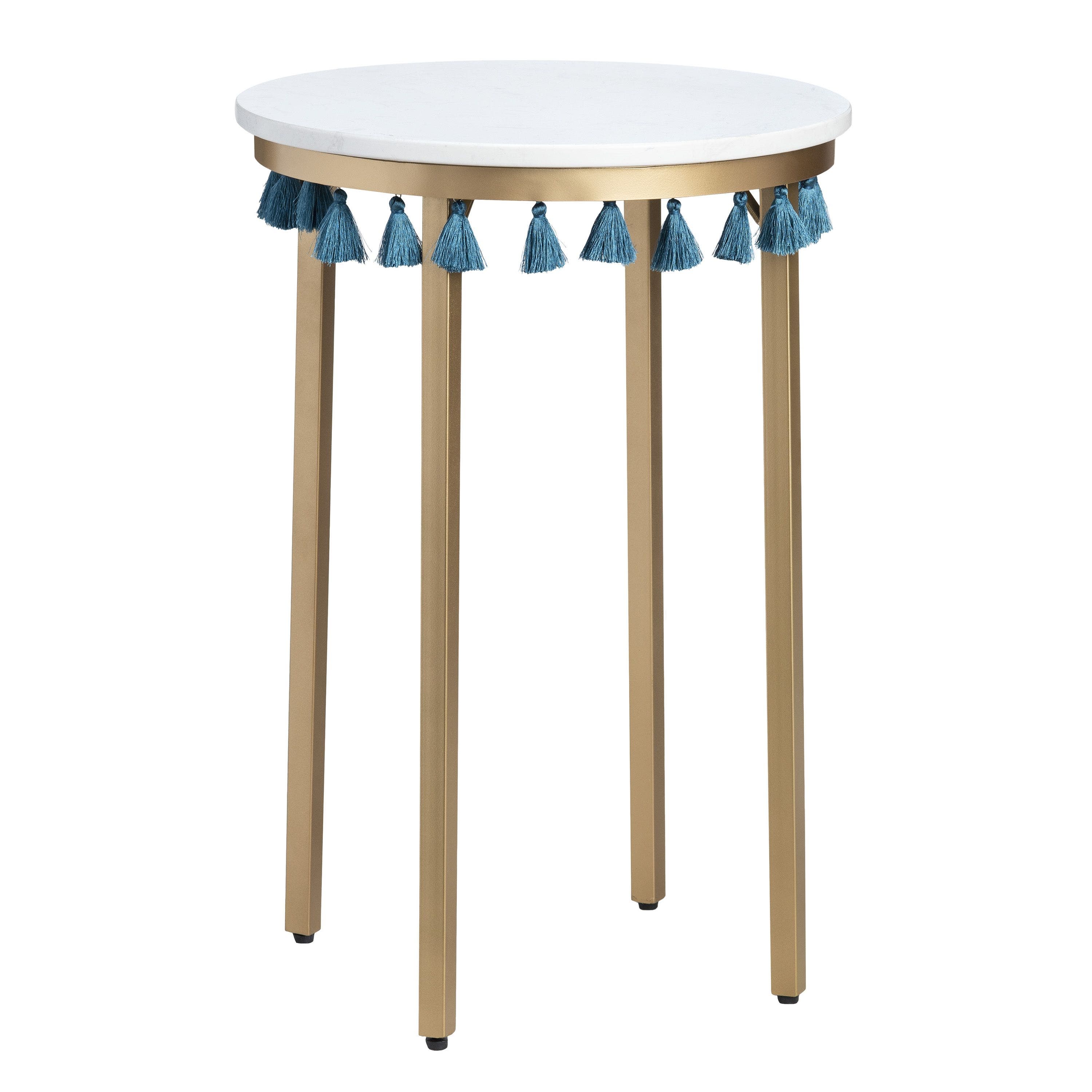 Saffron Round Marble Accent Table w/ Teal Blue Tassels - Image 2