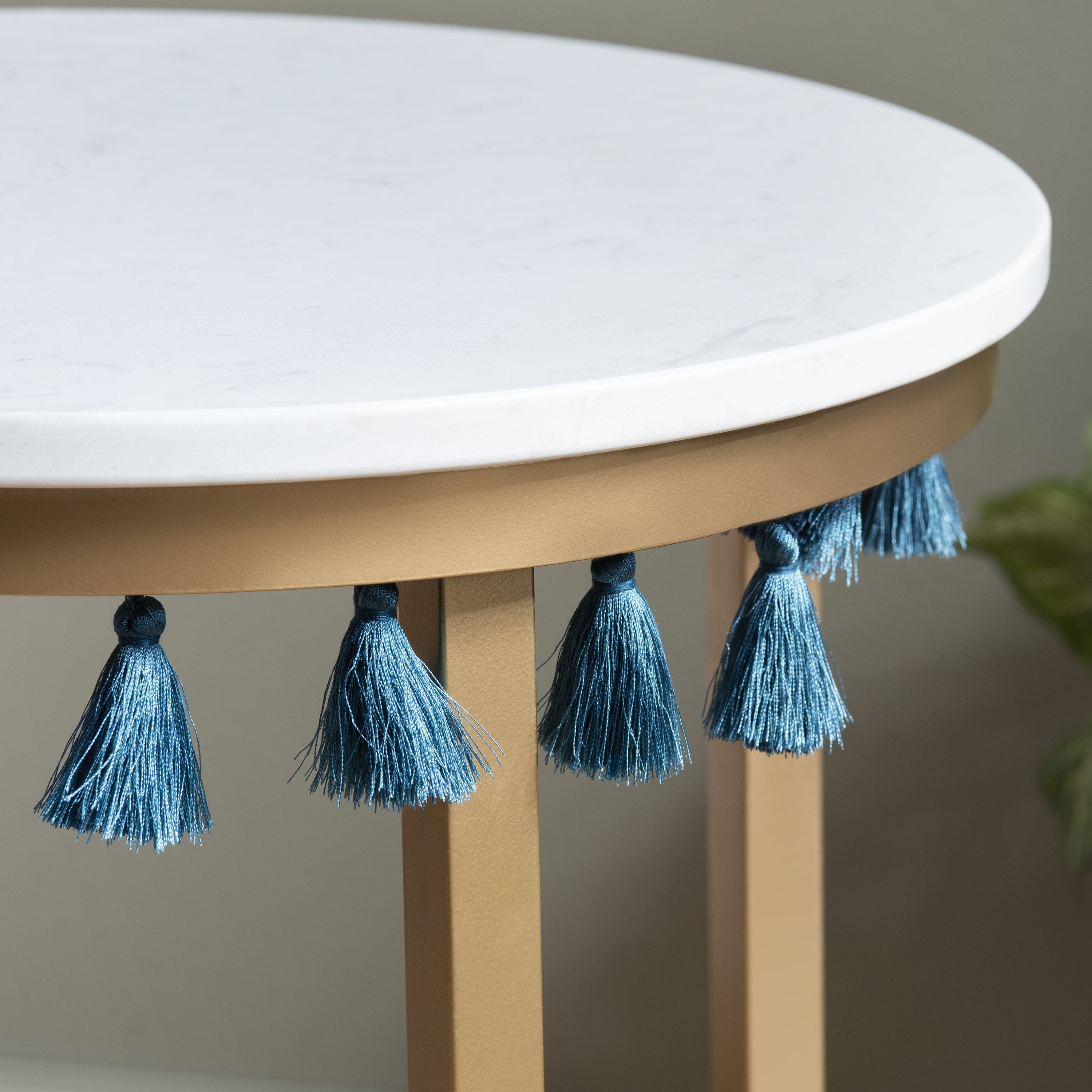 Saffron Round Marble Accent Table w/ Teal Blue Tassels - Image 3