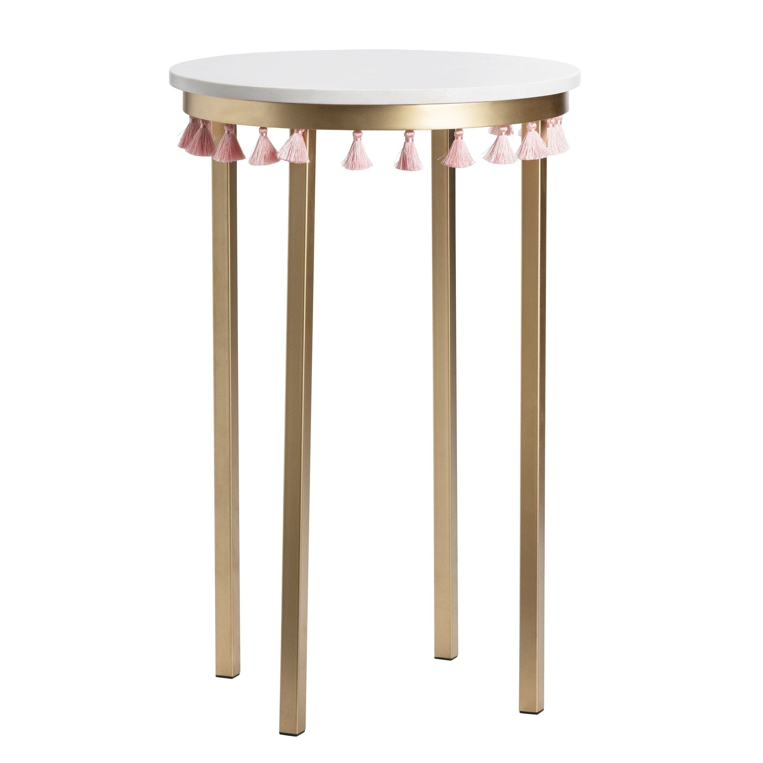 Saffron Round Marble Accent Table w/ Pink Tassels - Image 2