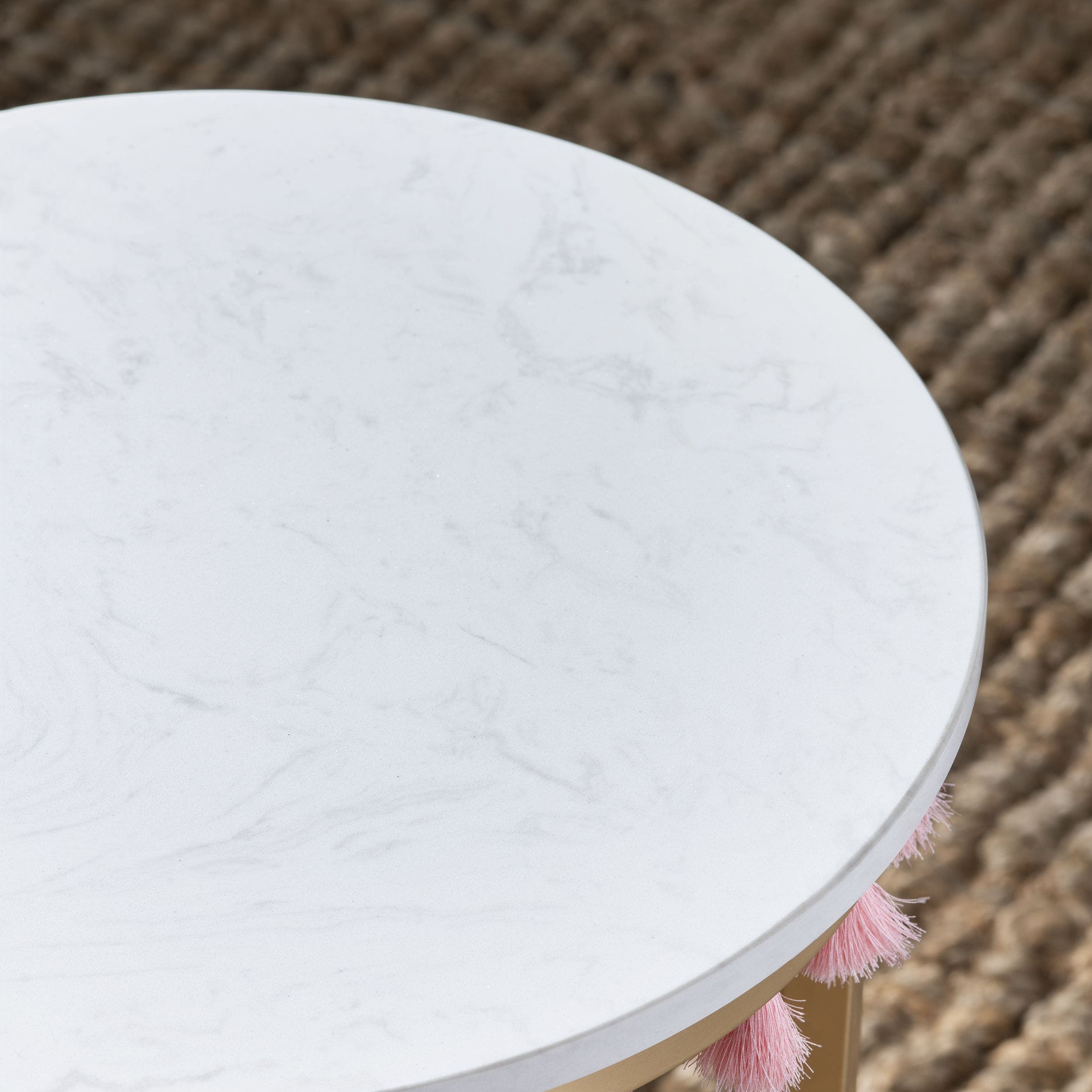 Saffron Round Marble Accent Table w/ Pink Tassels - Image 4