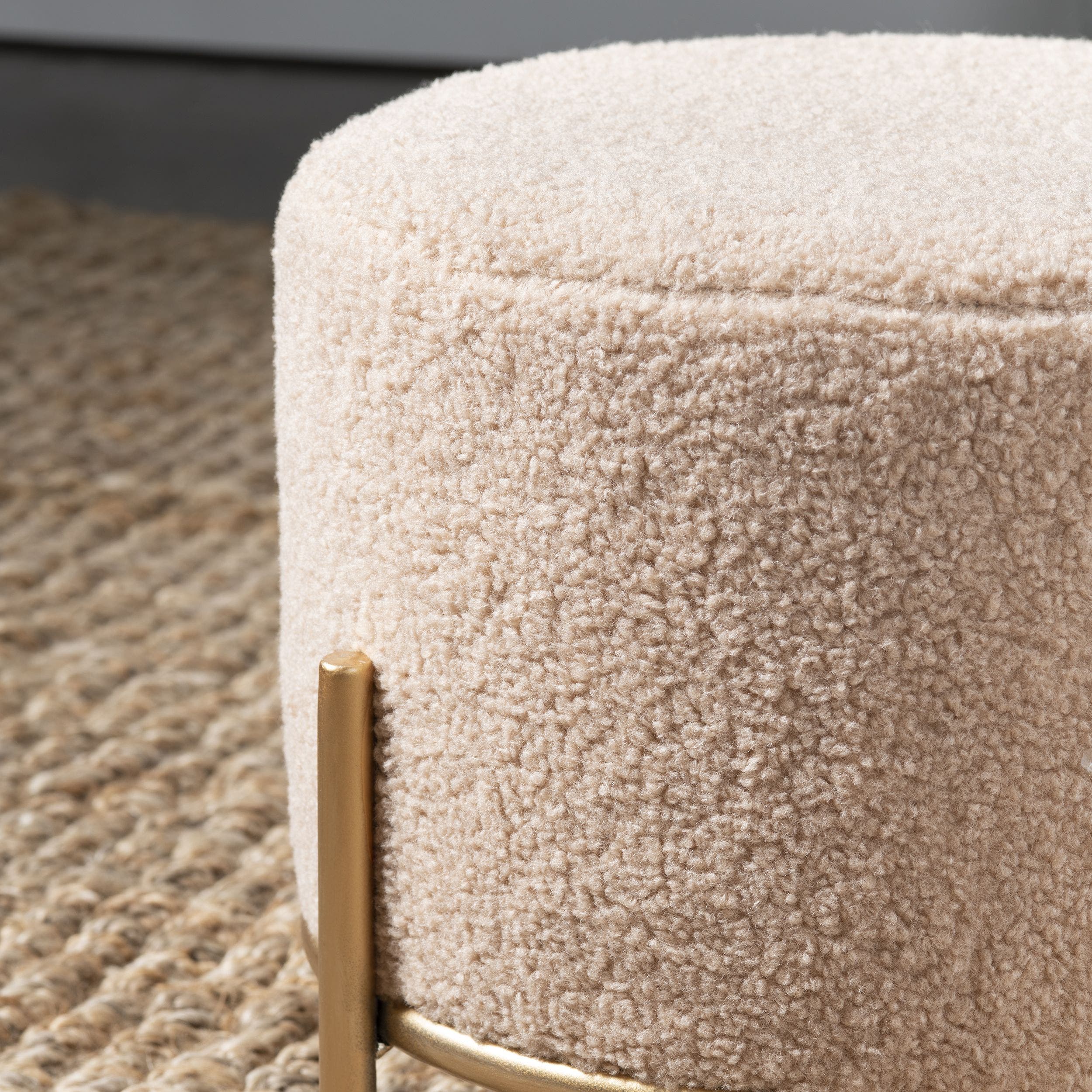 Zanella Round Cream Upholstered Sherpa Foot Stool Ottoman - Image 4