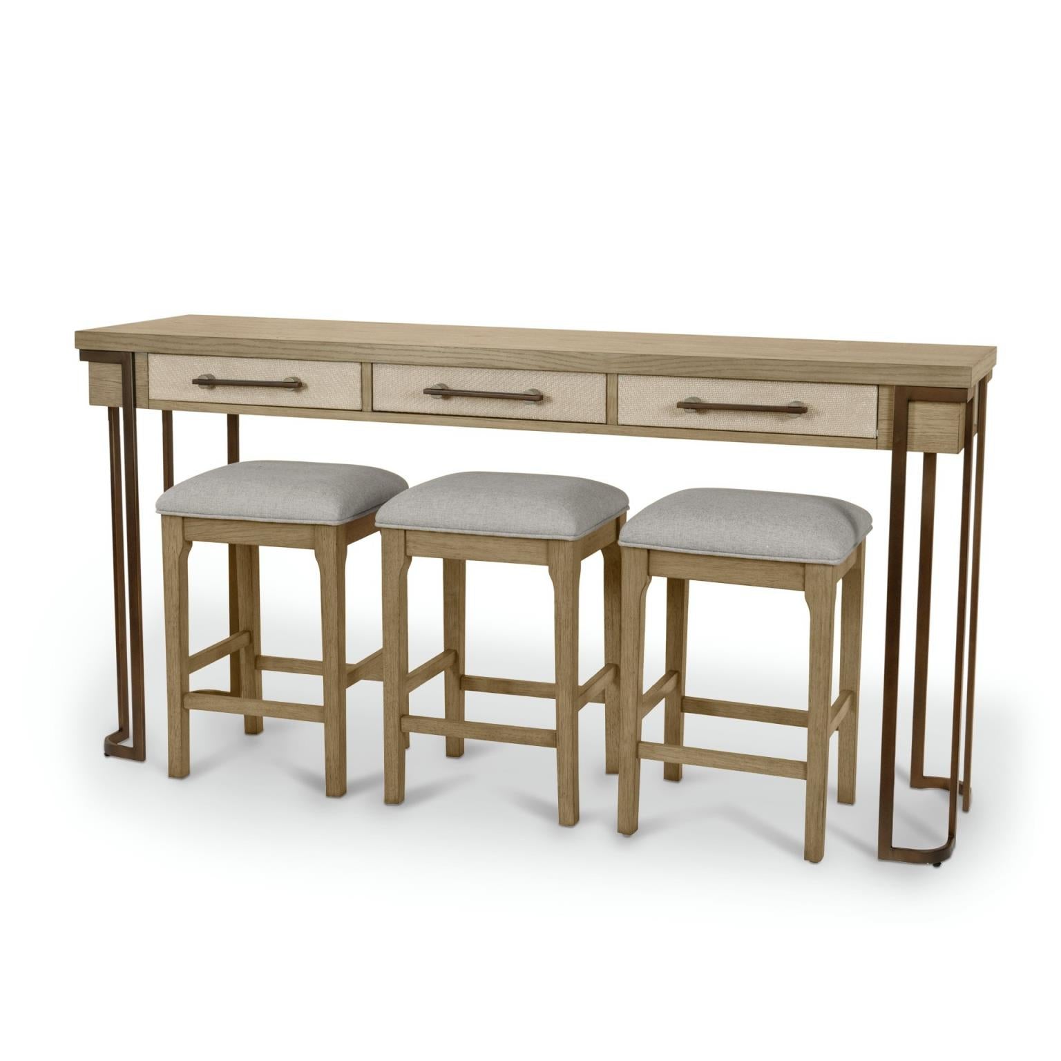 Rio Vista 3-Drawer Console and 3 Stools - Complete Set. Muted Earth Tones and Clay finish