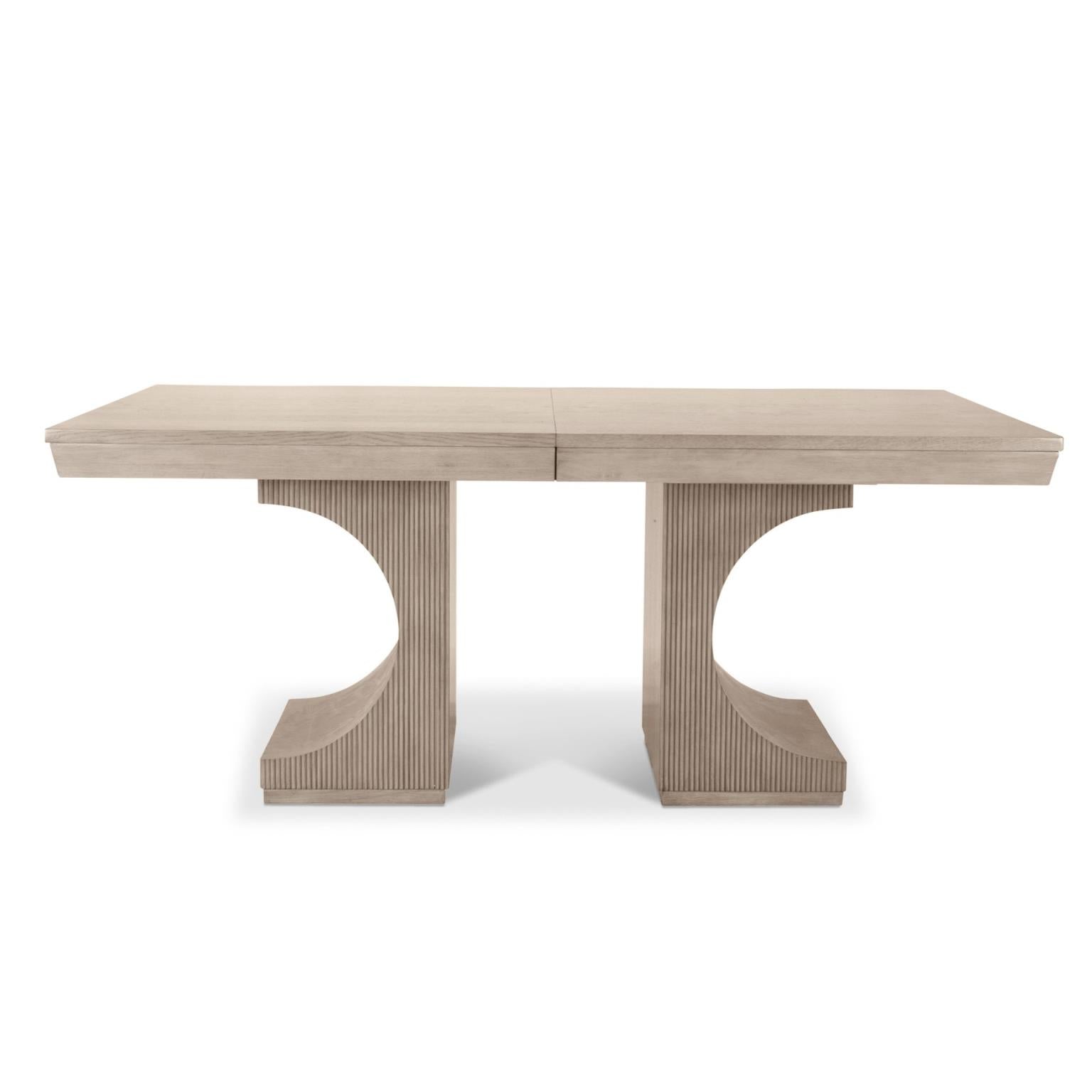 Manhattan Valley Pedastal Table w/ 18" Leaf (72"-90"). Mappa Burl Light Finish