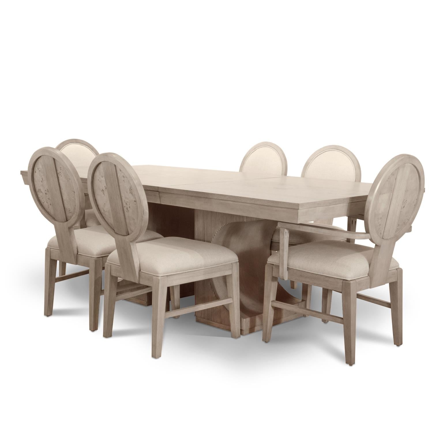 Manhattan Valley Pedastal Table w/ 18" Leaf (72"-90"). Mappa Burl Light Finish