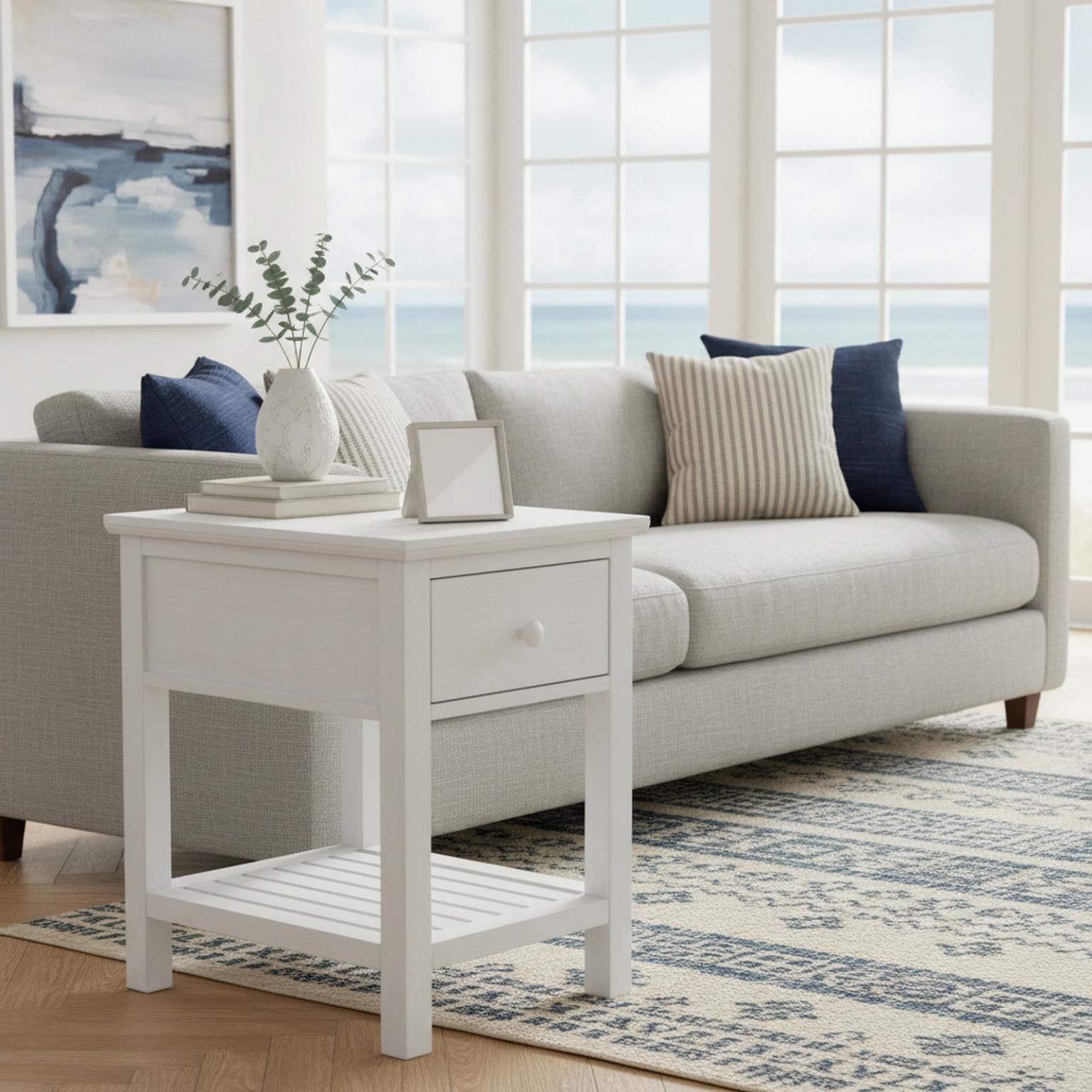 Geneva 1-Drawer Chairside Table. Distressed White finish