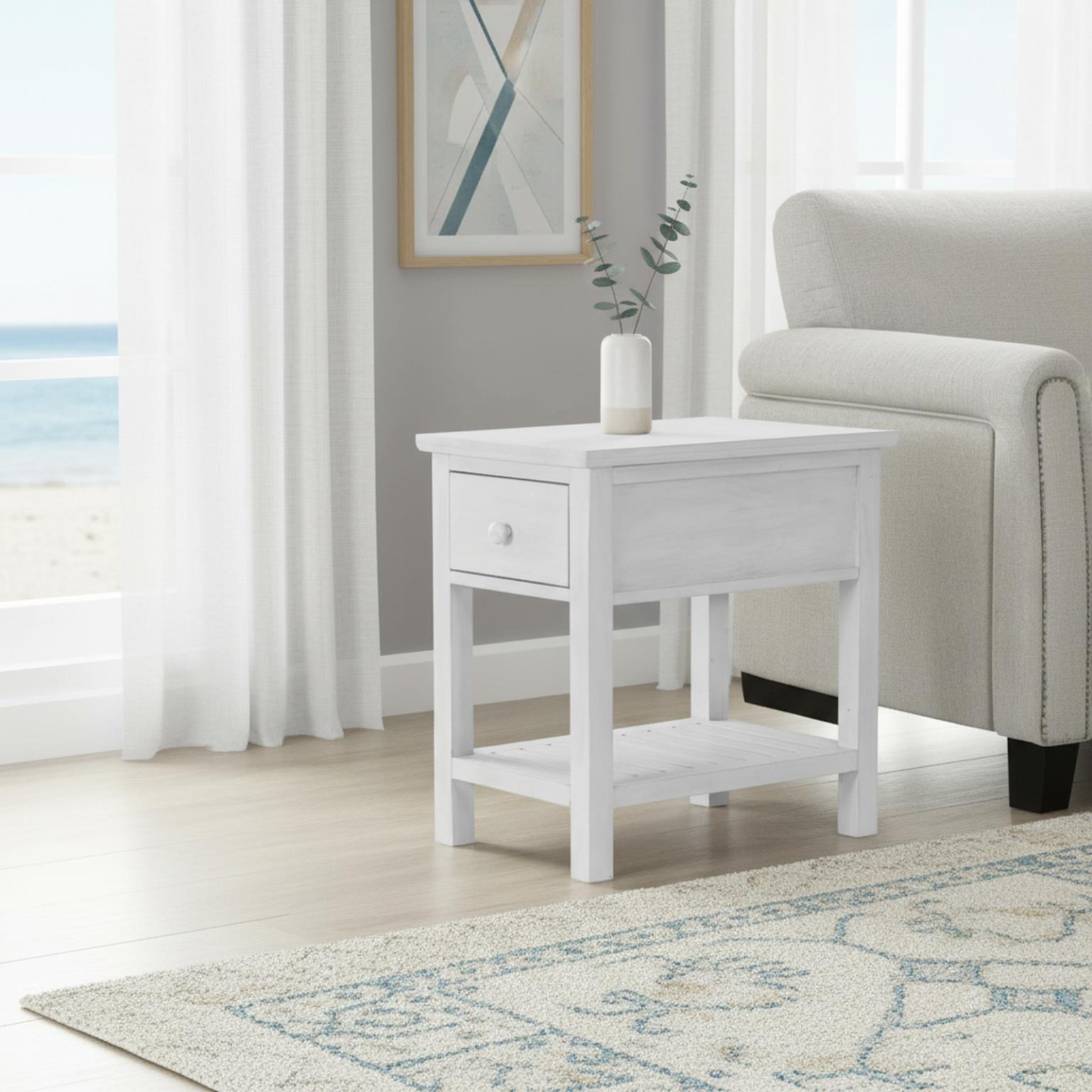Geneva 1-Drawer Chairside Table. Distressed White finish