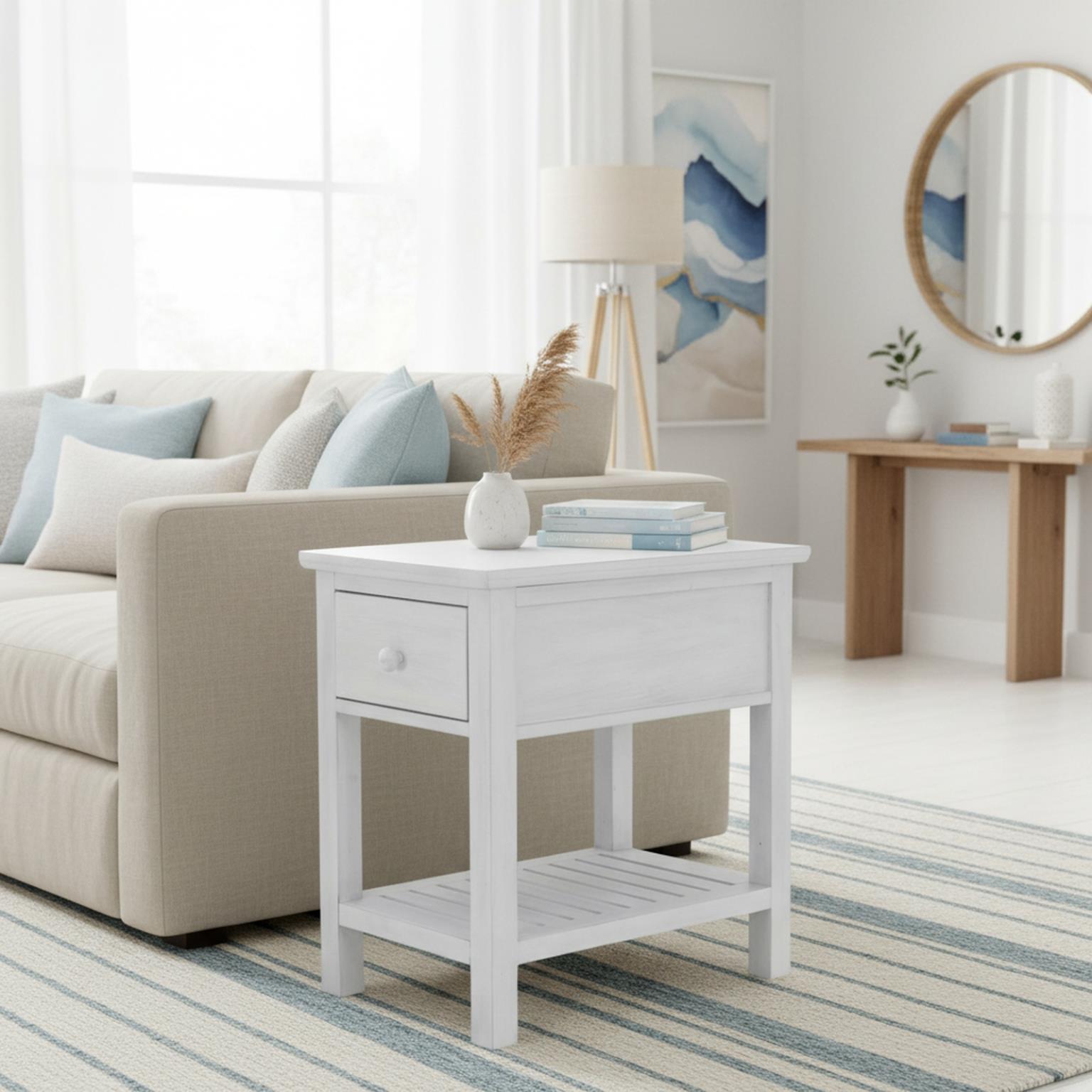 Geneva 1-Drawer Chairside Table. Distressed White finish