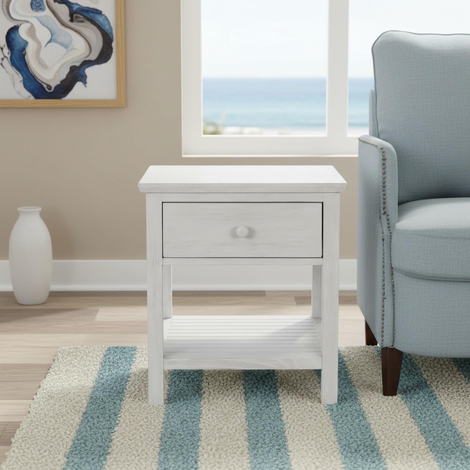 Geneva 1-Drawer End Table. Distressed White finish