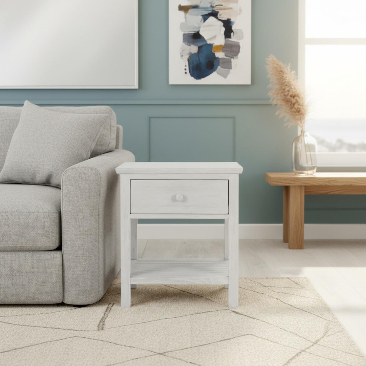 Geneva 1-Drawer End Table. Distressed White finish