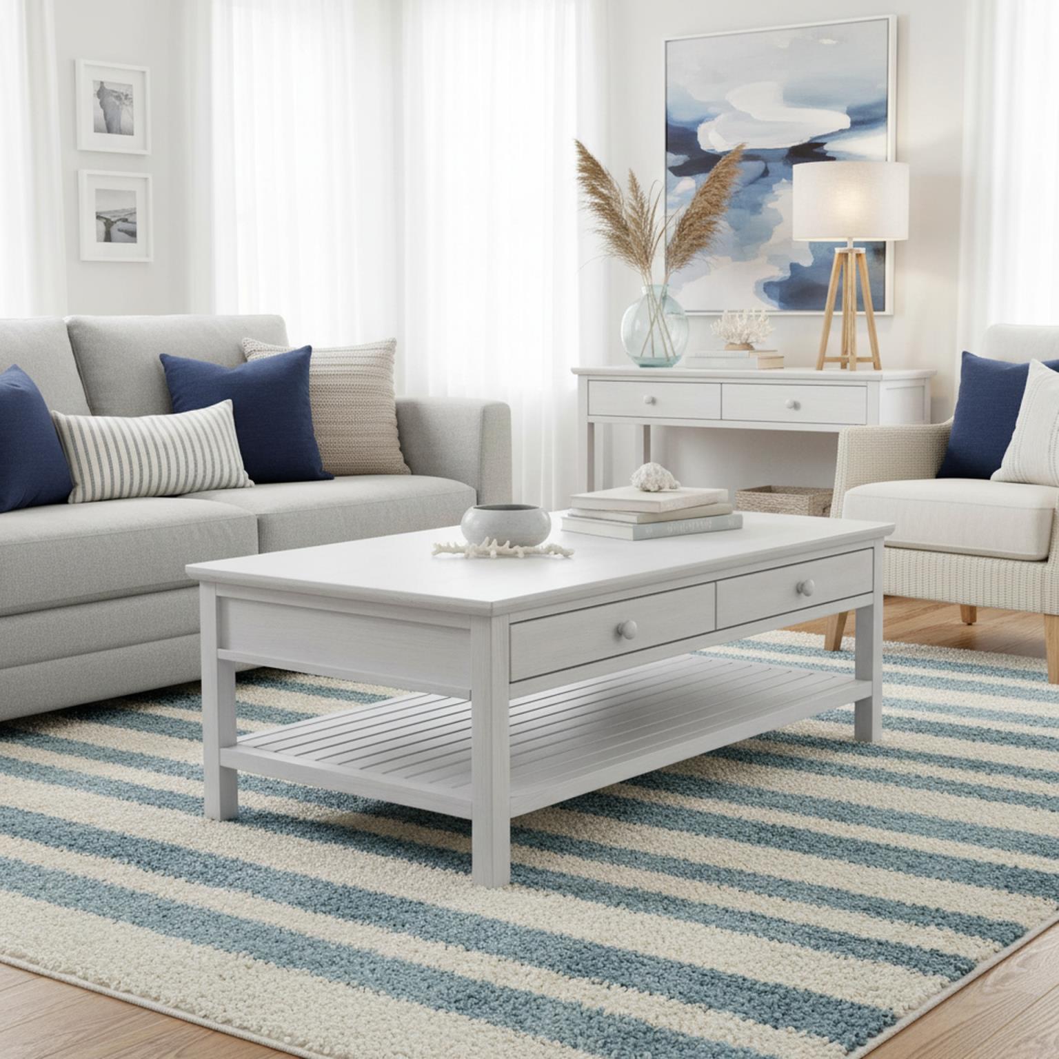 Geneva 2-Drawer Cocktail Table w/ Castors. Distressed White finish