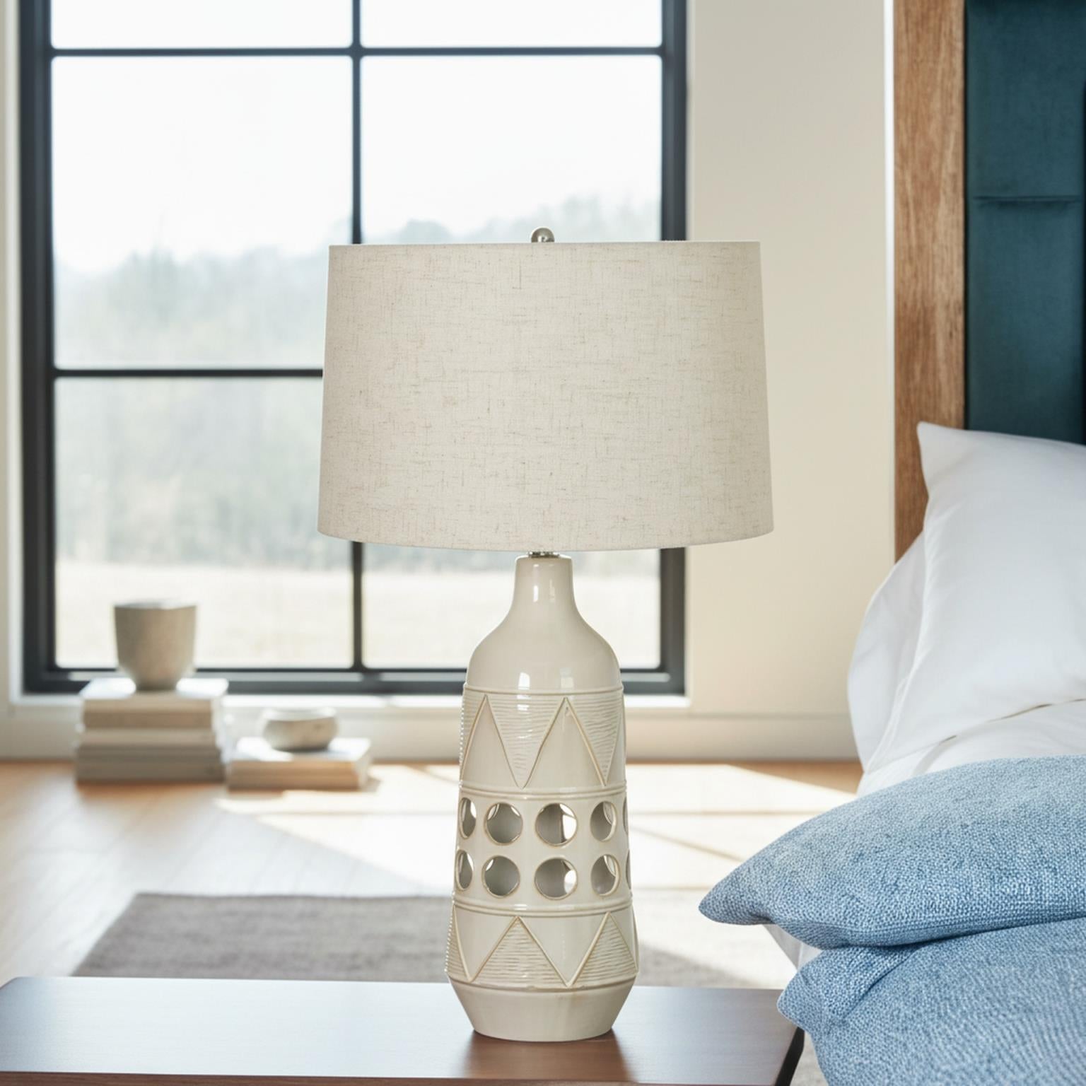 Glow, 28.5" ceramic table lamp w/ night light. White finish, sold as 2pk