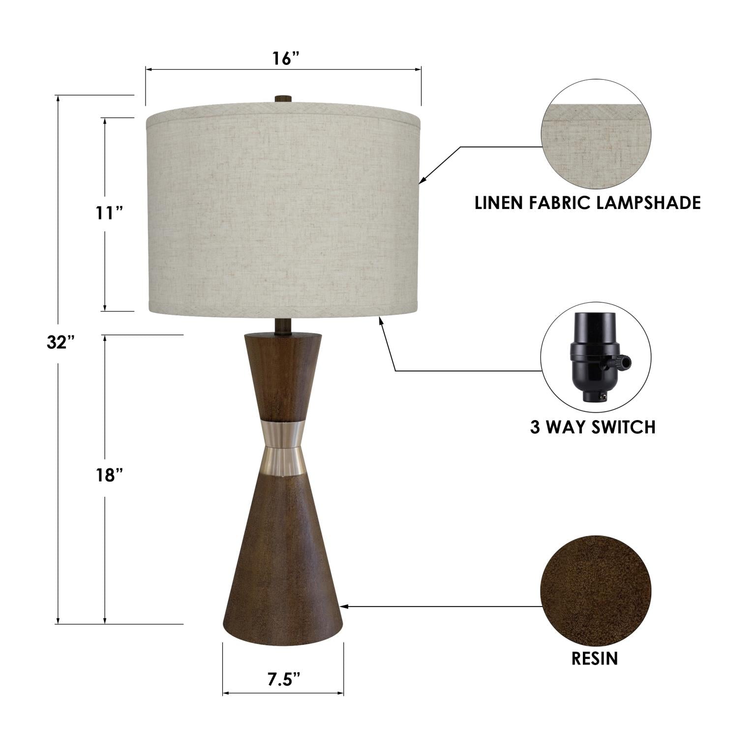 Hourglass, 30.5" resin and metal table lamp in brown finish, sold as 2pk