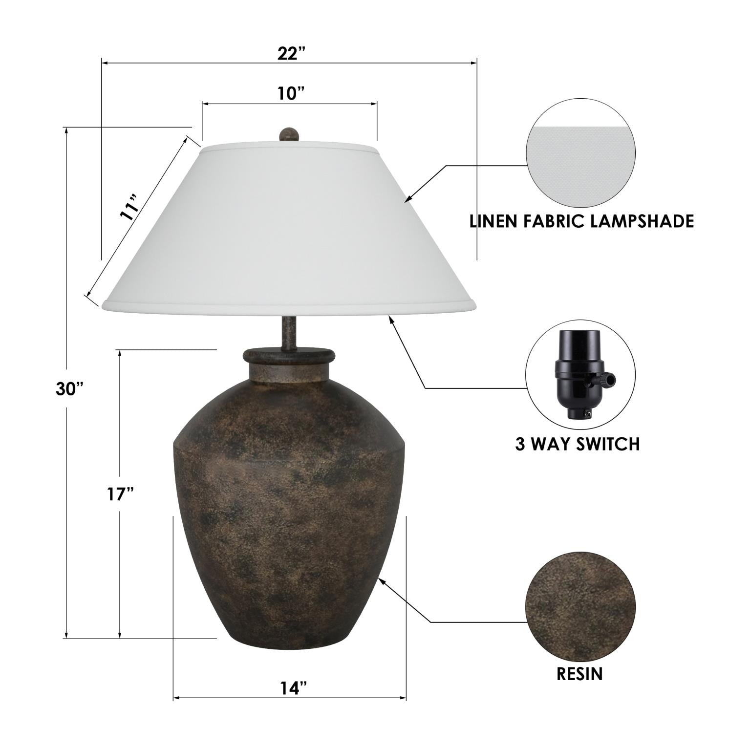 Terracotta, 30.5" resin table lamp in black finish, sold as 1pk