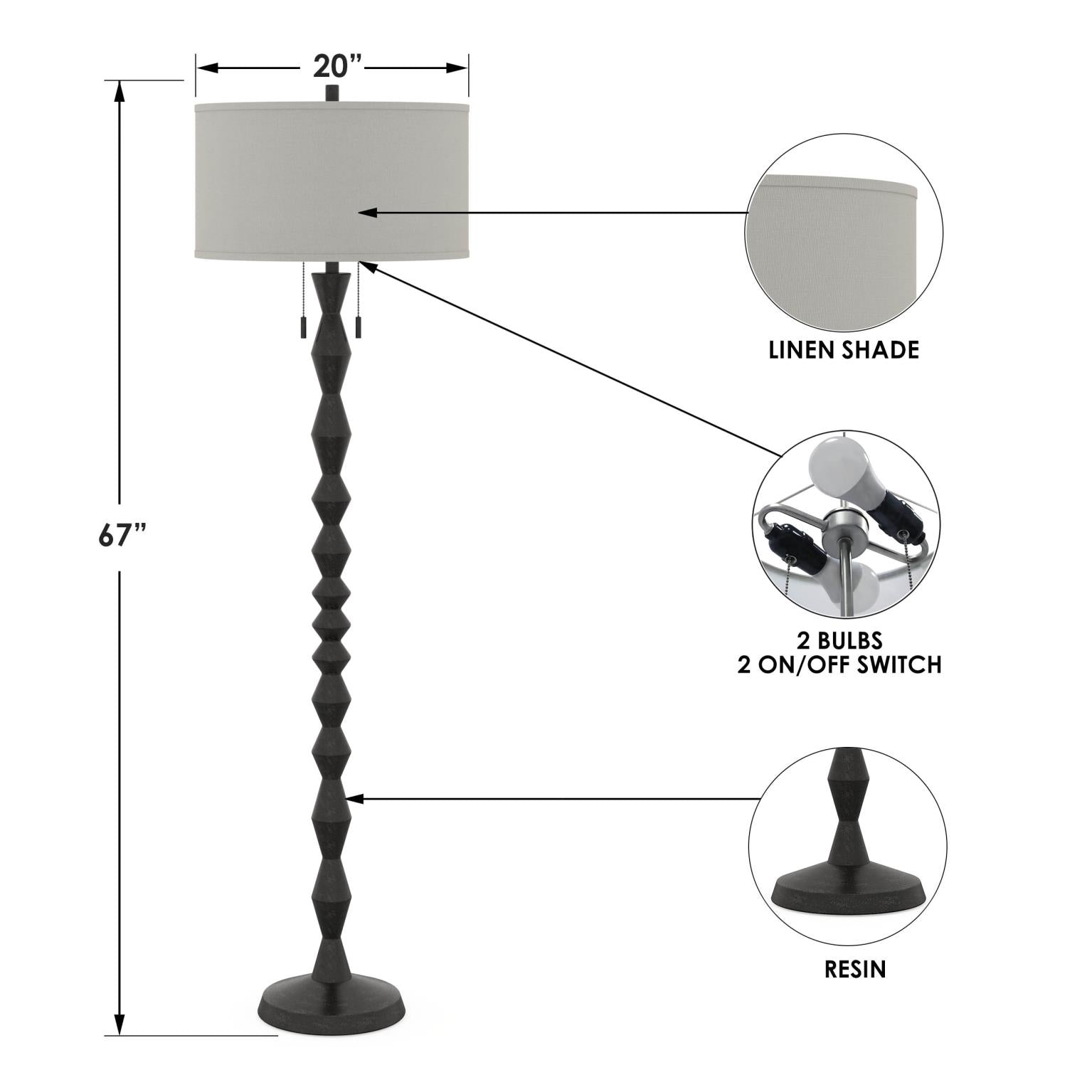 Zenith, 66" black floor lamp, sold as 1pk