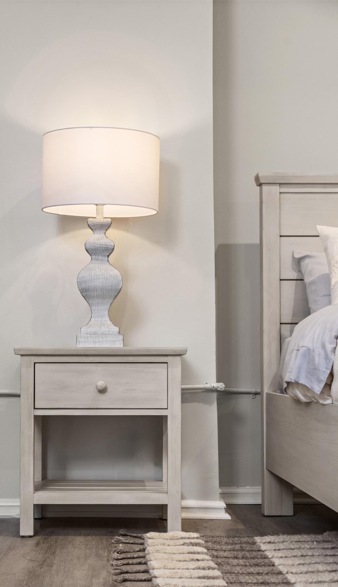 Geneva 1 Drawer Nightstand w/ USB A + C. Distressed White Finish