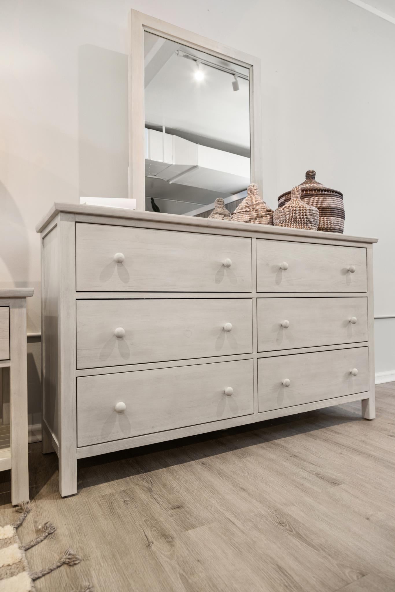 Geneva 6 Drawer Dresser. Distressed White Finish