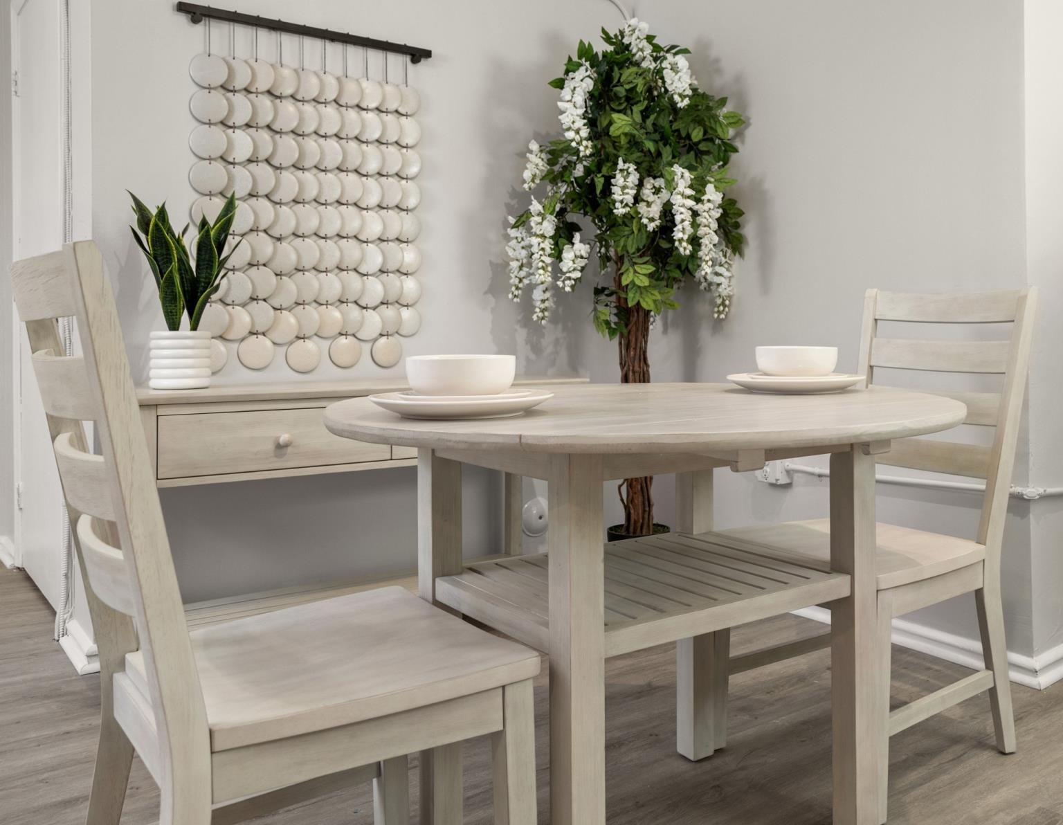 Geneva Drop Leaf Table (42"). Distressed White Finish