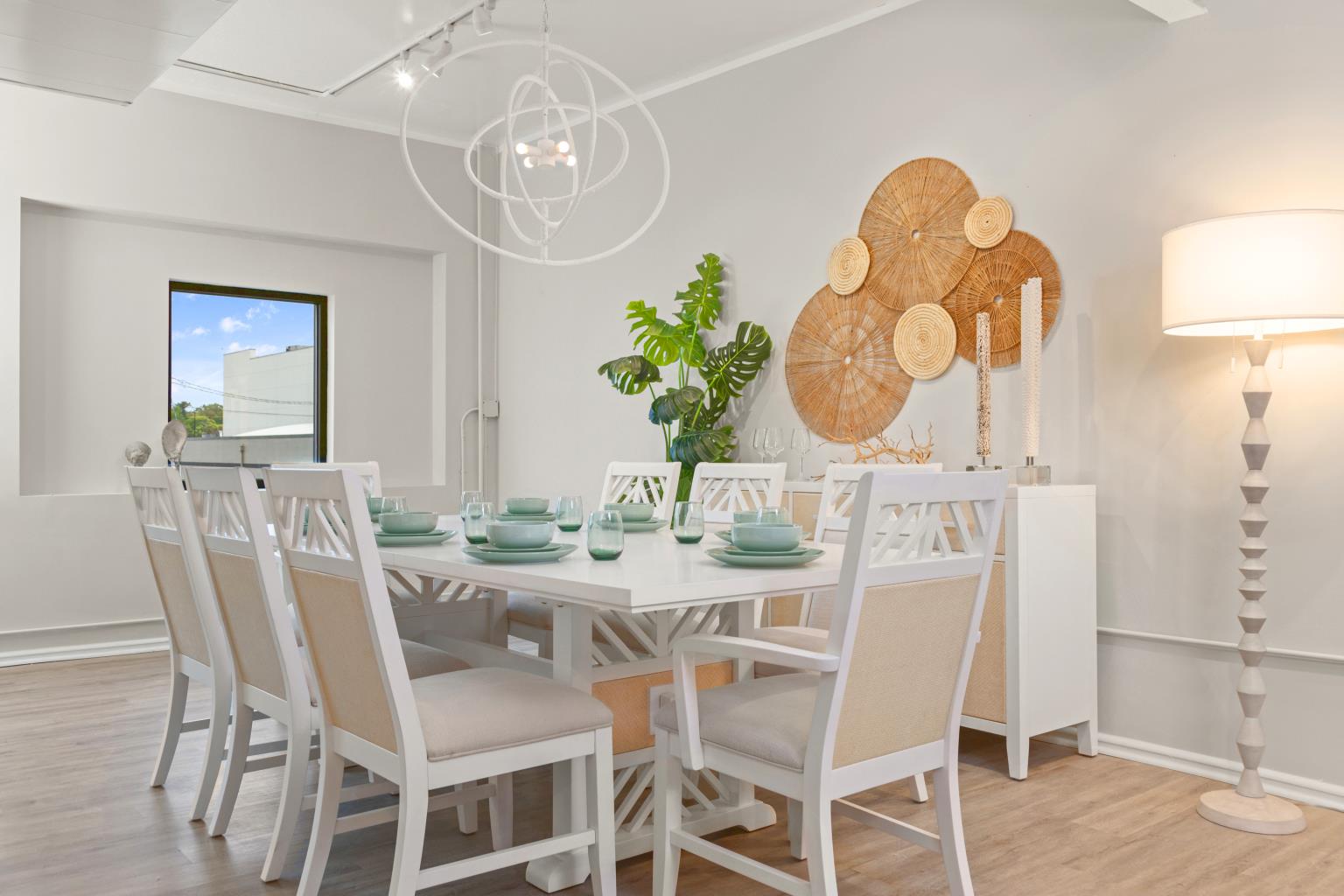 Miramar Trestle Table w/ Self Storing Leaf (78"-96") Complete. Sand and Stark White Finish