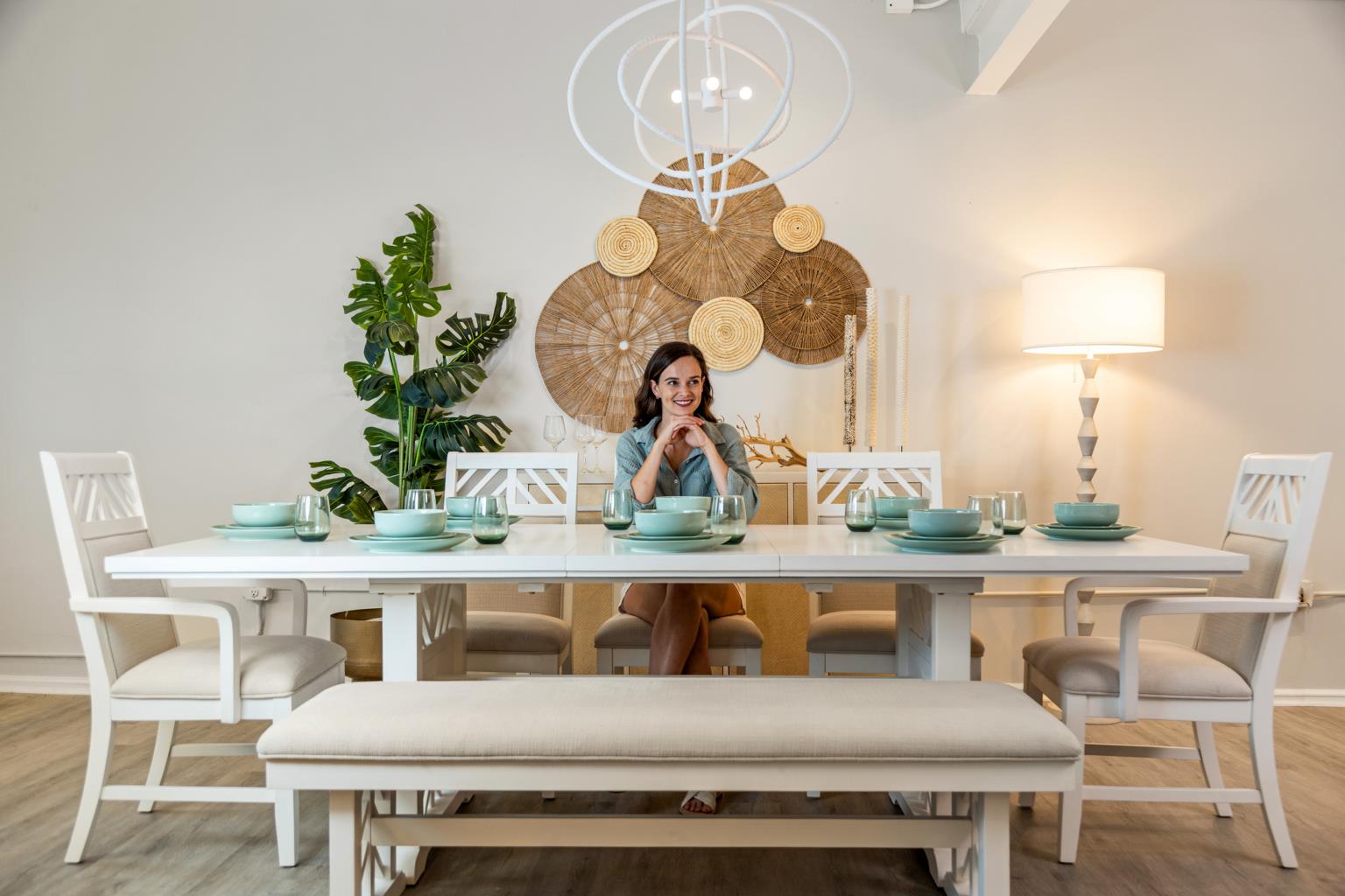 Miramar Trestle Table w/ Self Storing Leaf (78"-96") Complete. Sand and Stark White Finish