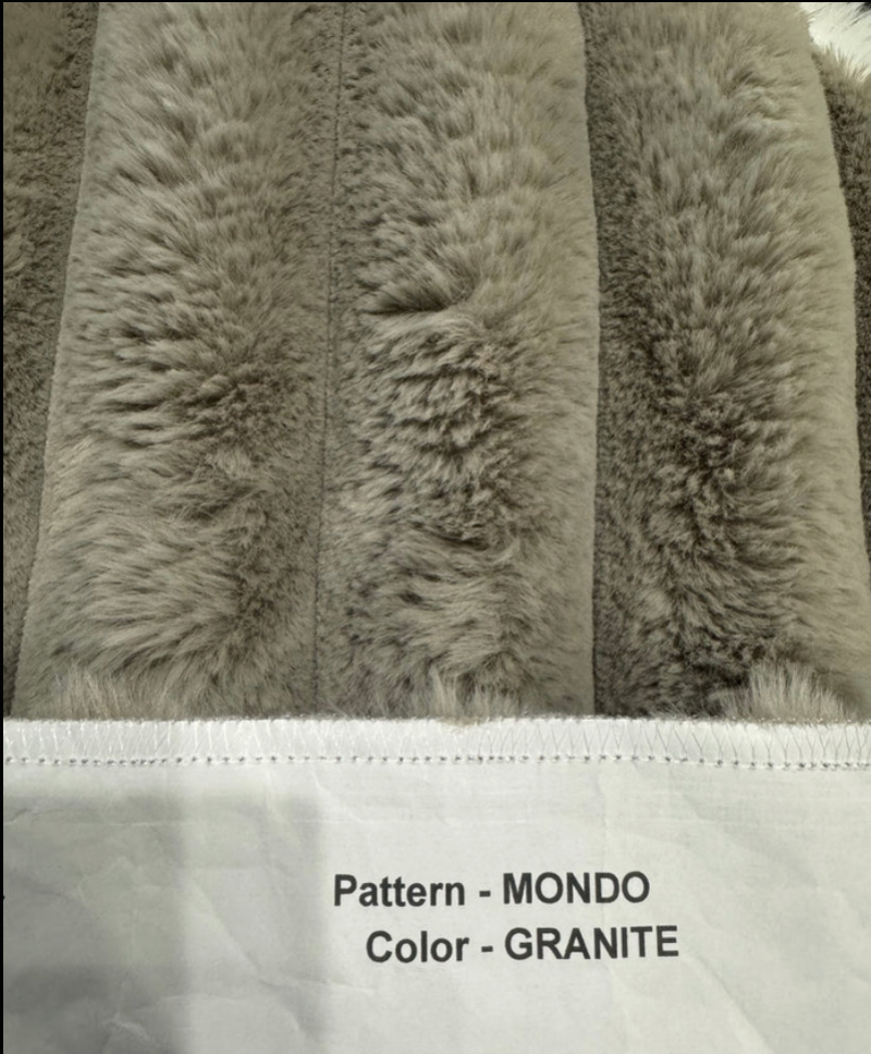 Textured fabric swatch with 'Pattern - MONDO' and 'Color - GRANITE' text on a white background.