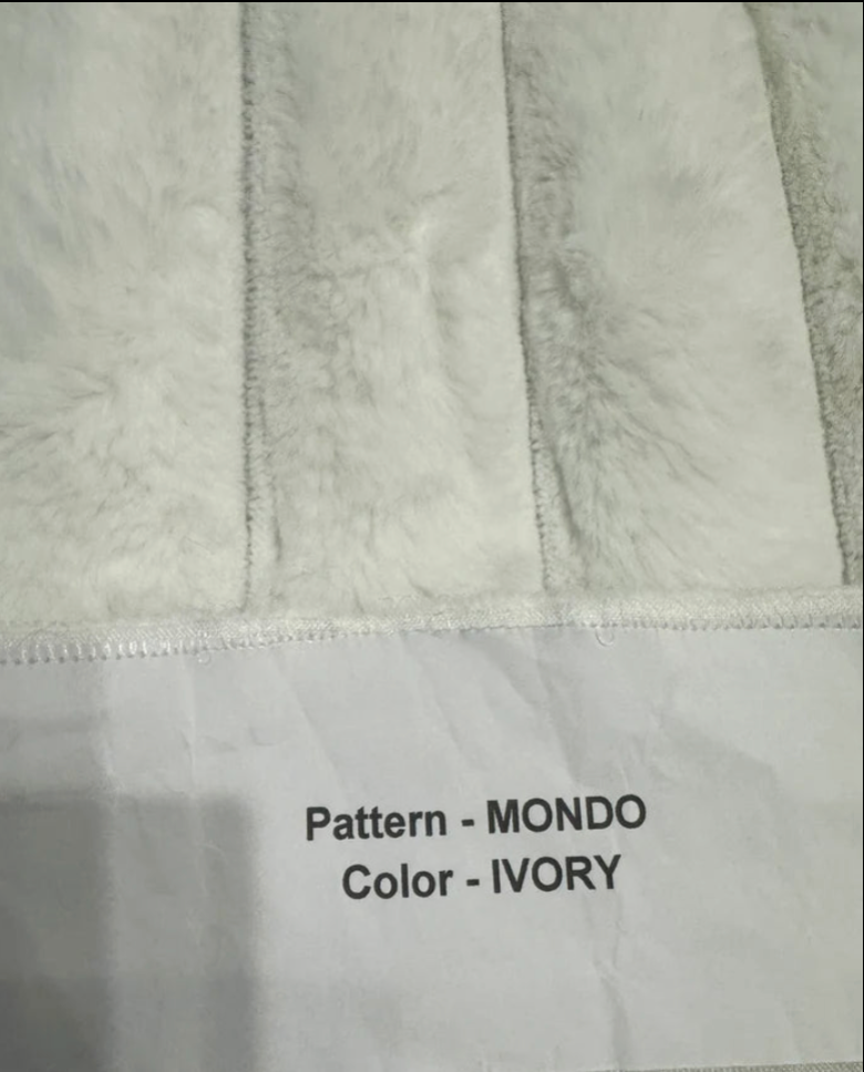 Ivory fabric with 'Pattern - MONDO' and 'Color - IVORY' text.