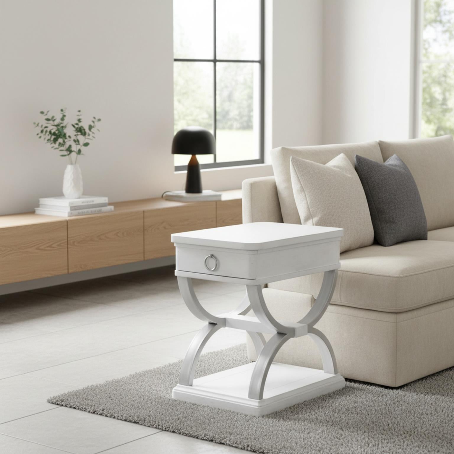 Point Breeze 1-Drawer Chairside Table w/ Metal. Fresh White Finish