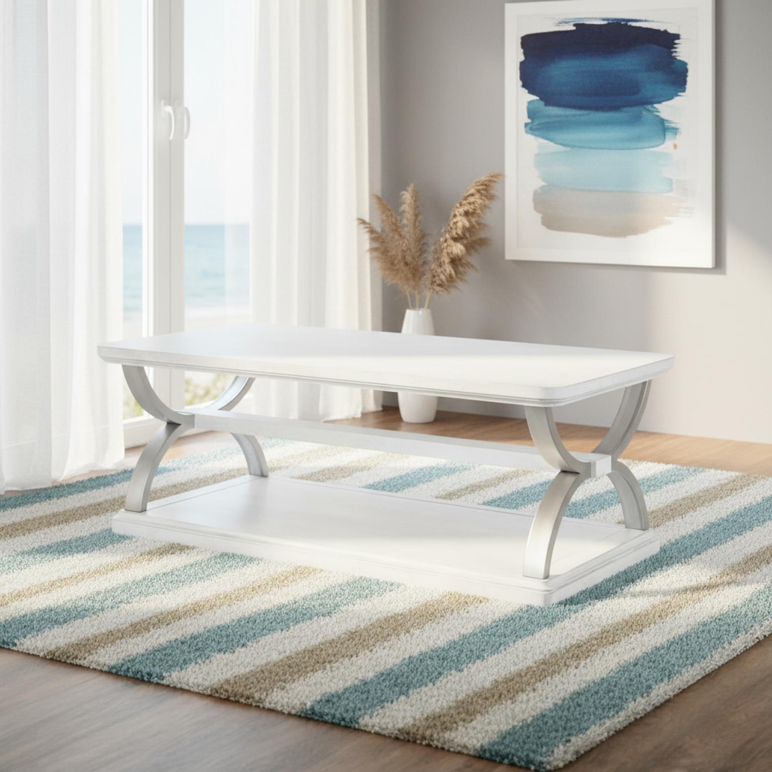 Point Breeze Rectangular Cocktail Table w/ Metal and Castors. Fresh White Finish