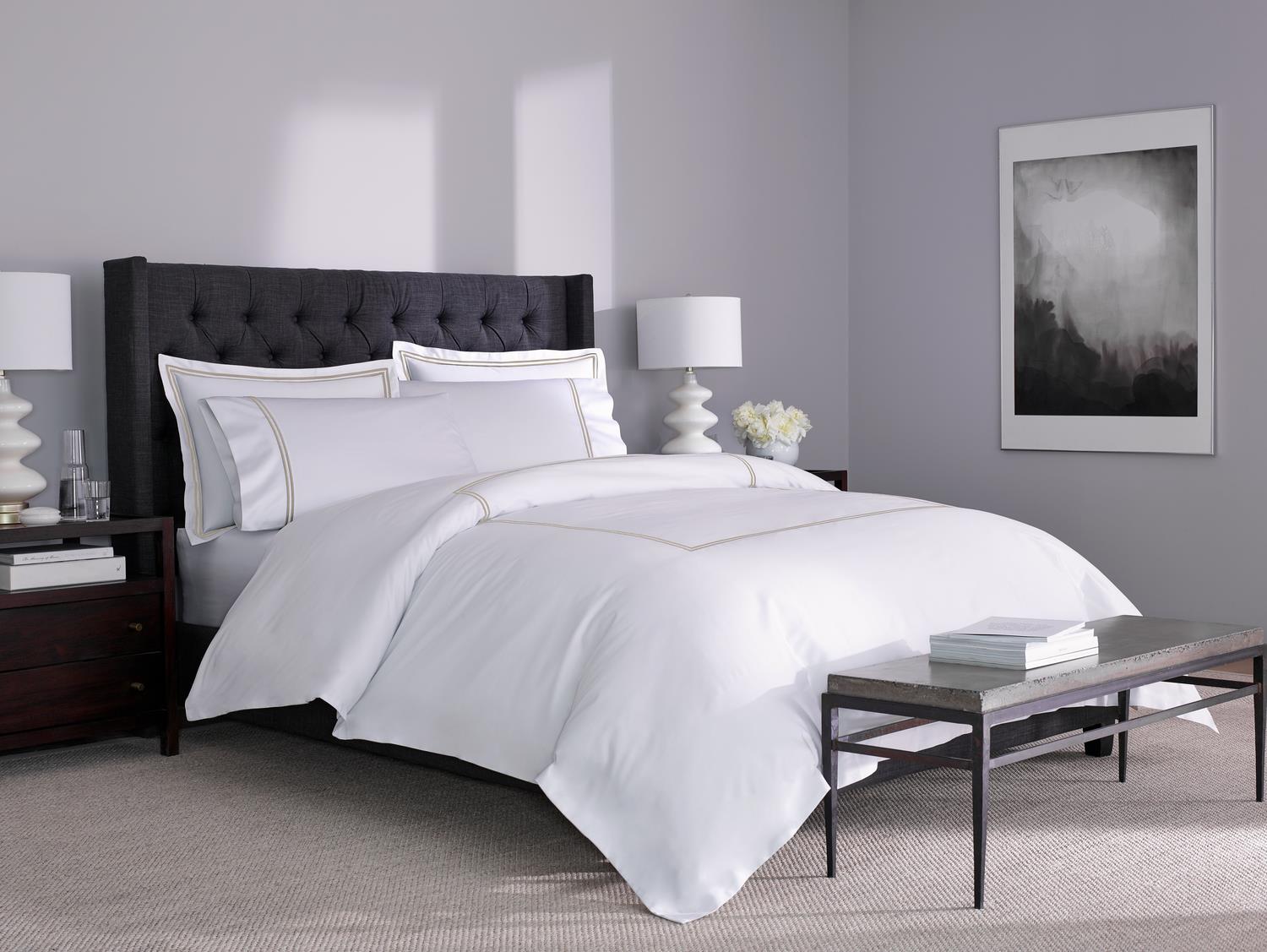 Hotel Luxury Sheet Set - White with Taupe Stitching