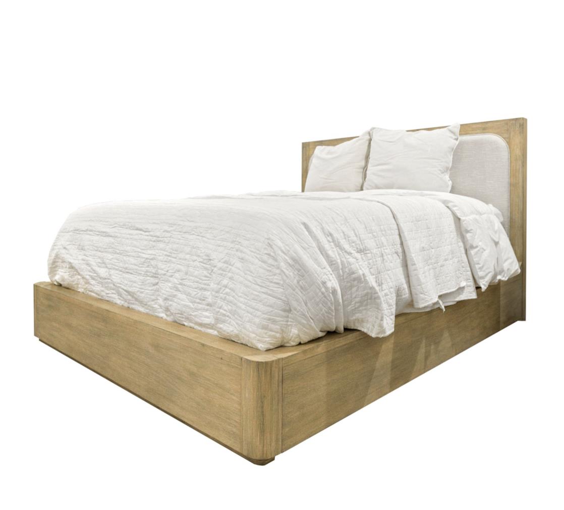 Hyde Park Queen Upholstered Bed Complete. Weathered Natural Finish