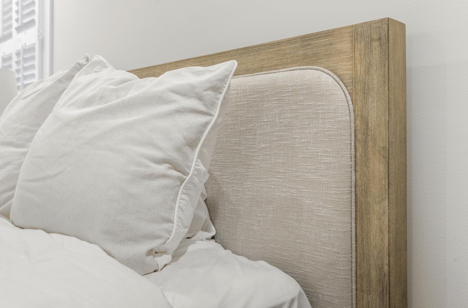 Hyde Park Queen Upholstered Bed Complete. Weathered Natural Finish