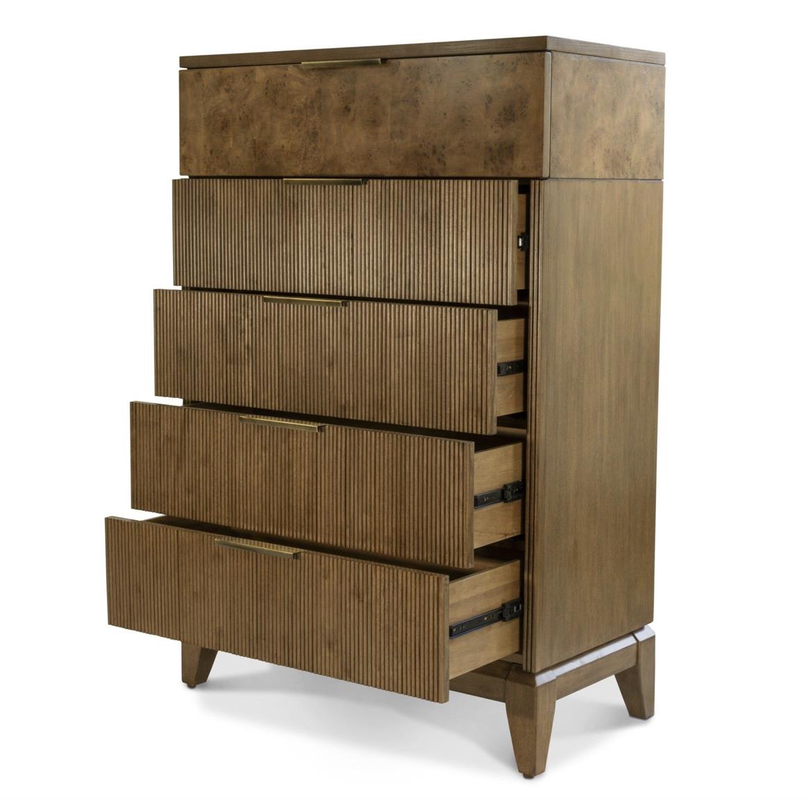 Manhattan Valley 5 Drawer Chest. Mappa Burl and Vintage Chestnut Finish