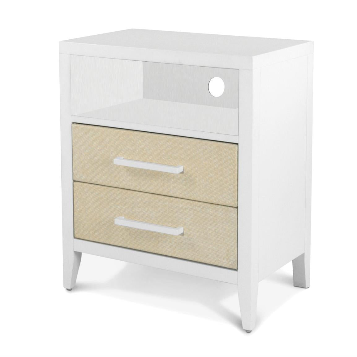 Miramar 2 Drawer Woven Nightstand w/ Power and USB A + C. Sand and Stark White Finish