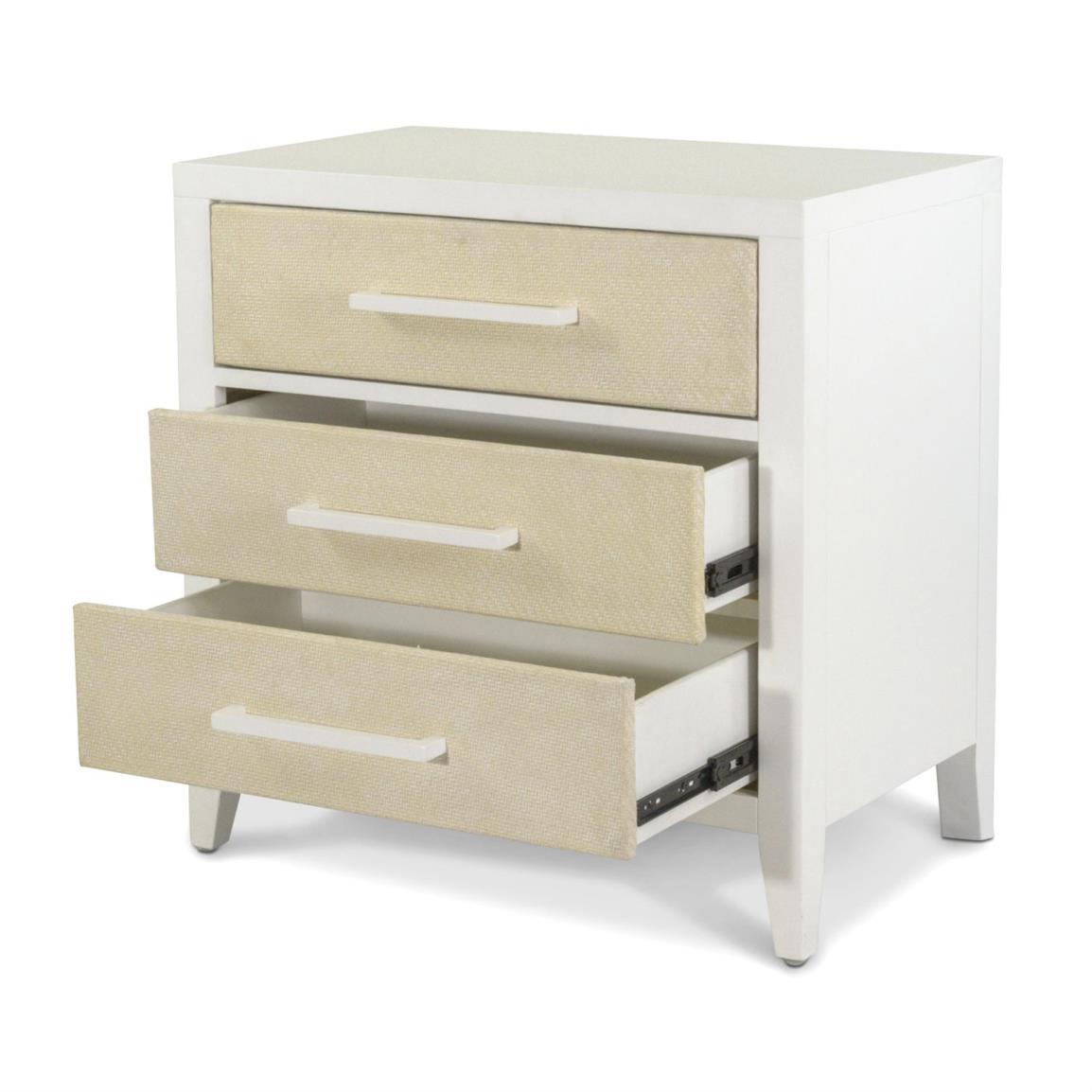 Miramar 3 Drawer Woven Nightstand w/ Power and USB A + C. Sand and Stark White Finish