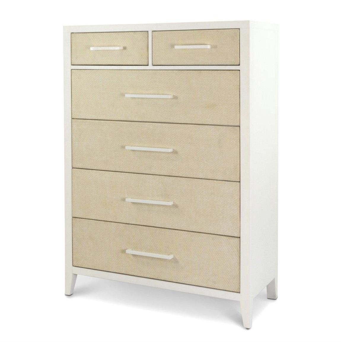 Miramar 5 Drawer Woven Chest. Sand and Stark White Finish