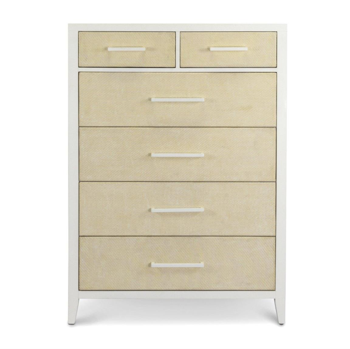 Miramar 5 Drawer Woven Chest. Sand and Stark White Finish