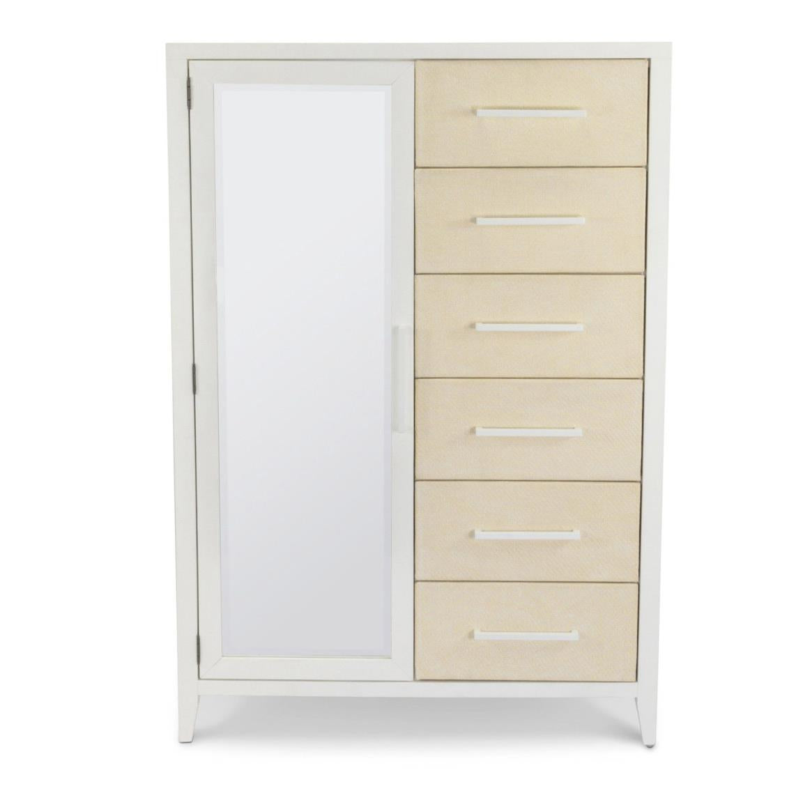 Miramar Woven Mirrored Door Chest. Sand and Stark White Finish
