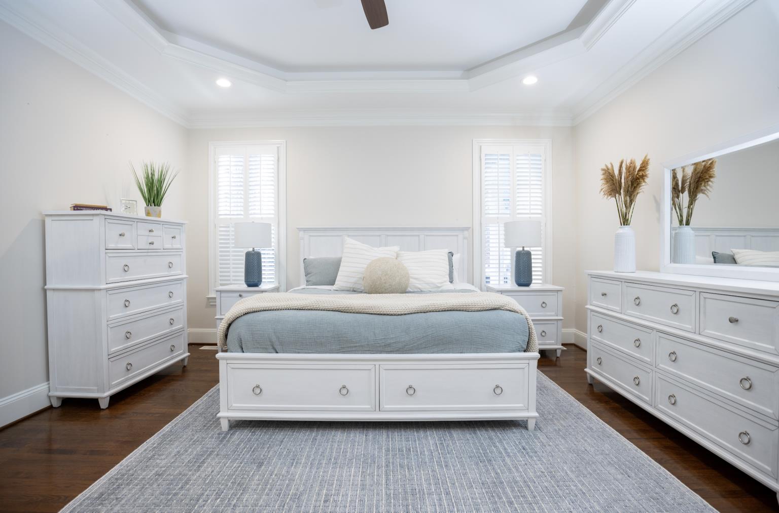 Point Breeze King Storage Bed Complete. Fresh White Finish w/ Soft Grey Glaze