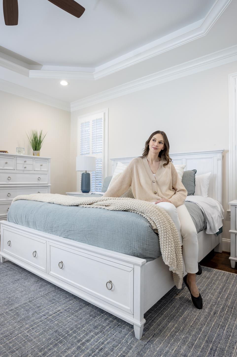 Point Breeze King Storage Bed Complete. Fresh White Finish w/ Soft Grey Glaze