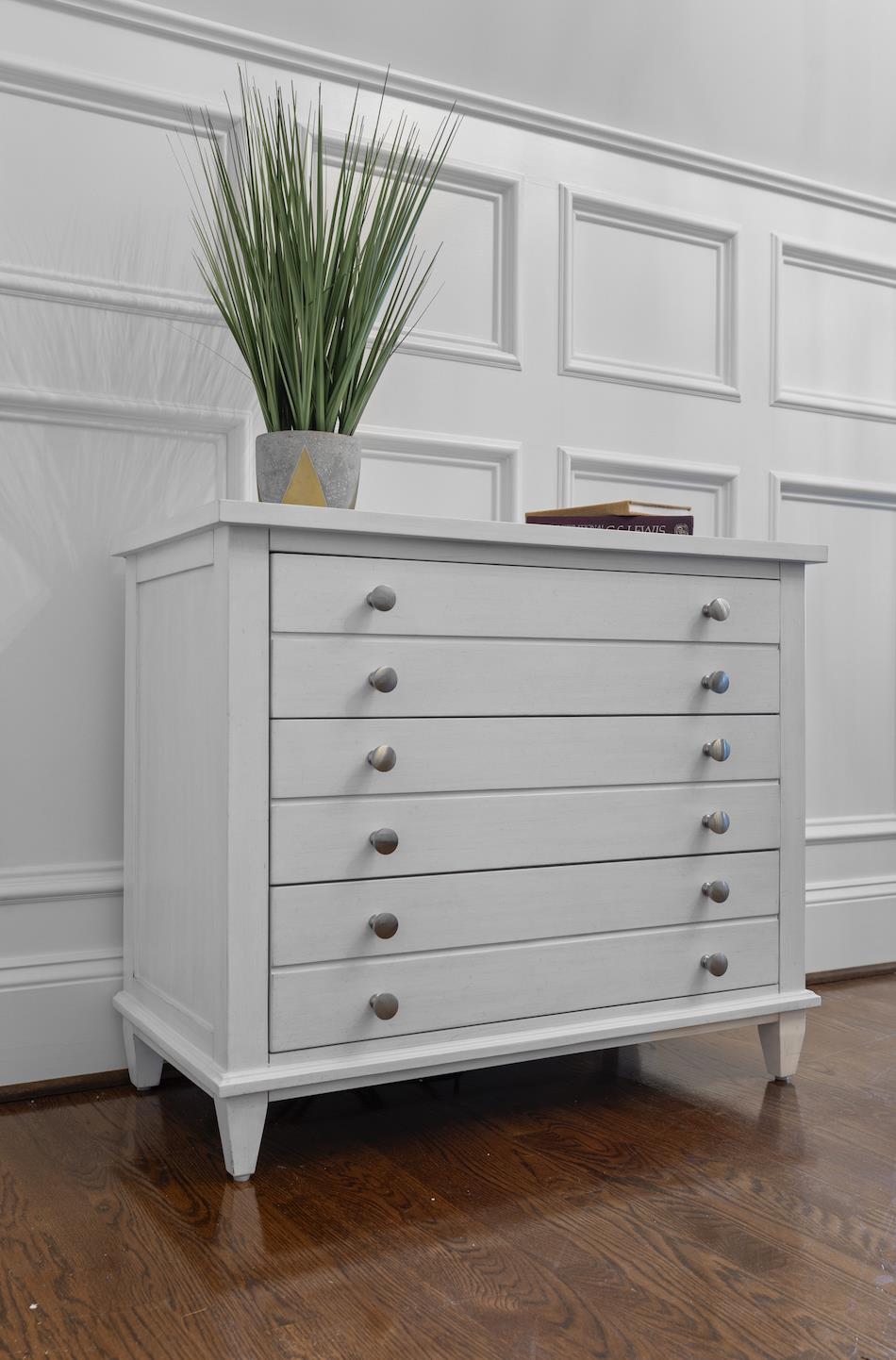 Point Breeze 3 Drawer Bachelor's Chest. Fresh White Finish w/ Soft Grey Glaze