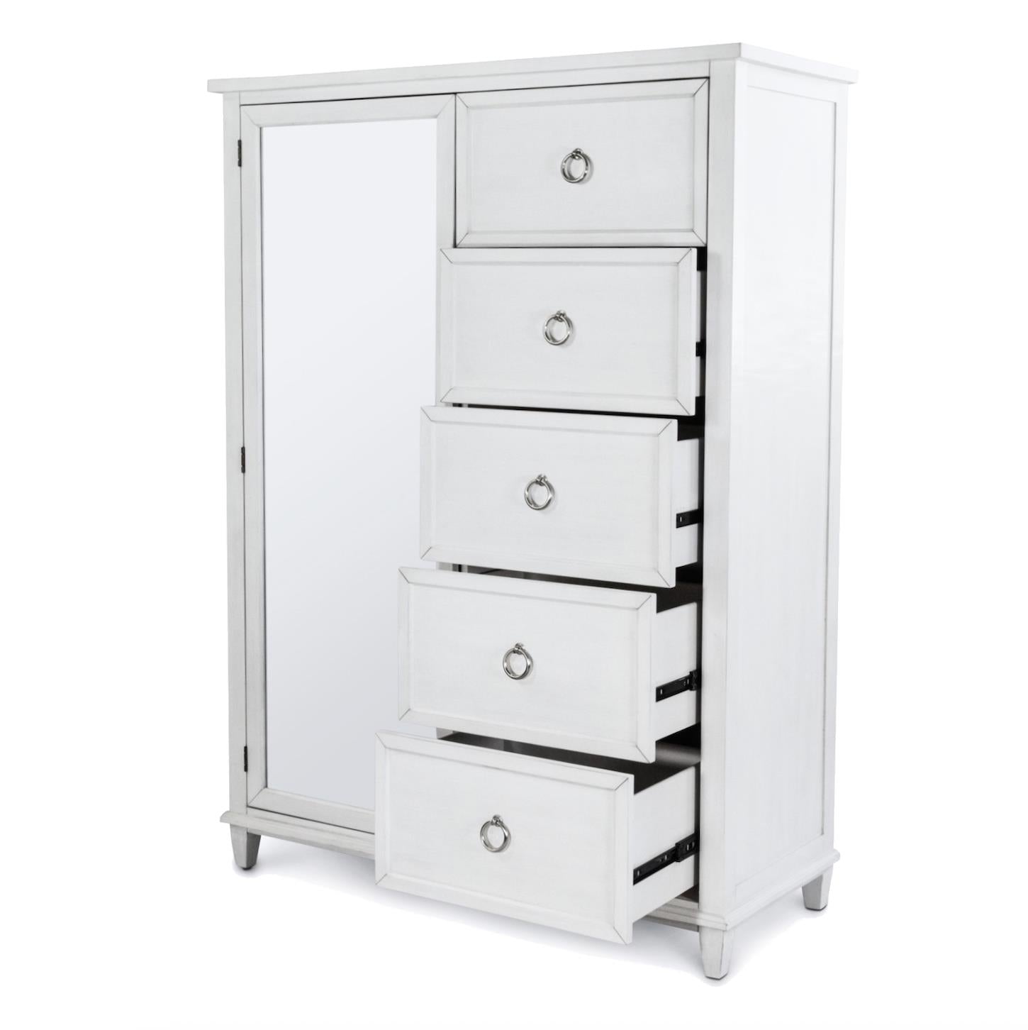 Point Breeze Mirrored Door Chest. Fresh White Finish w/ Soft Grey Glaze