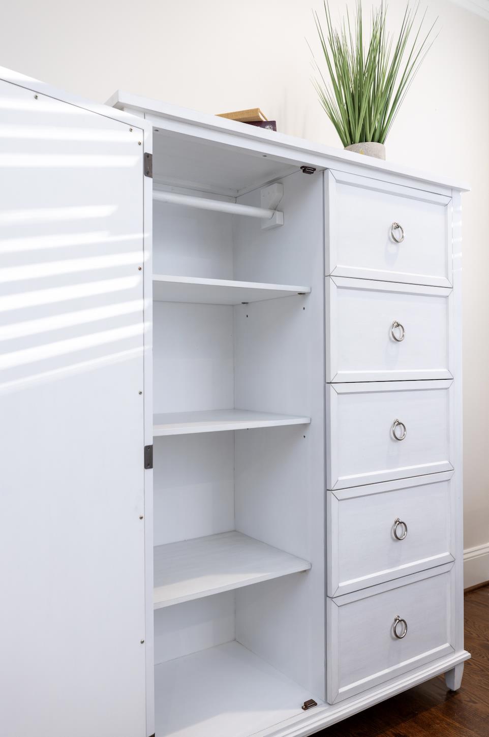 Point Breeze Mirrored Door Chest. Fresh White Finish w/ Soft Grey Glaze