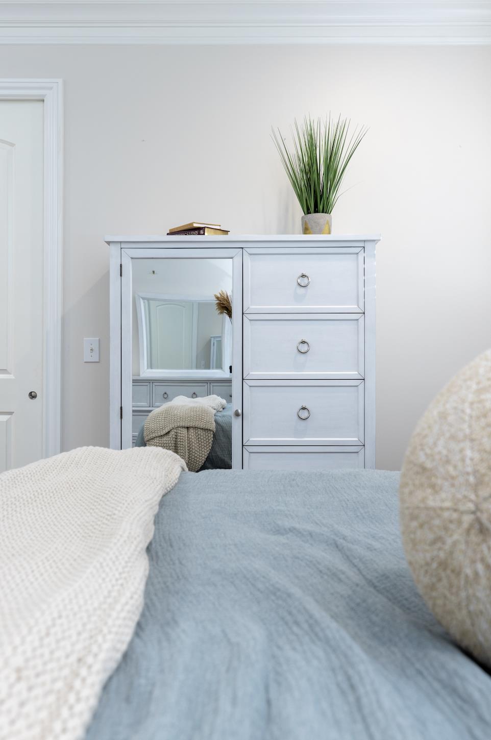 Point Breeze Mirrored Door Chest. Fresh White Finish w/ Soft Grey Glaze