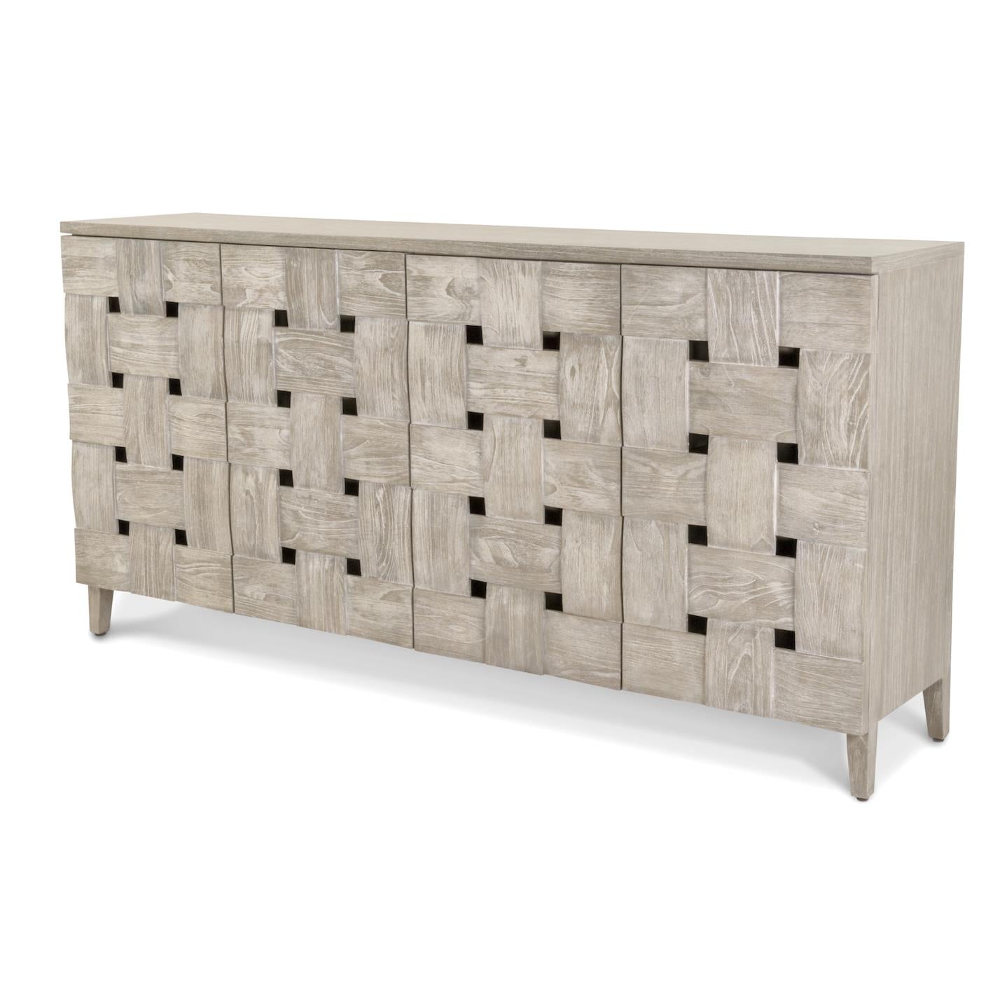 Wooden Weave 4-Door Credenza, Soft Close Doors, Grey Wash Finish.