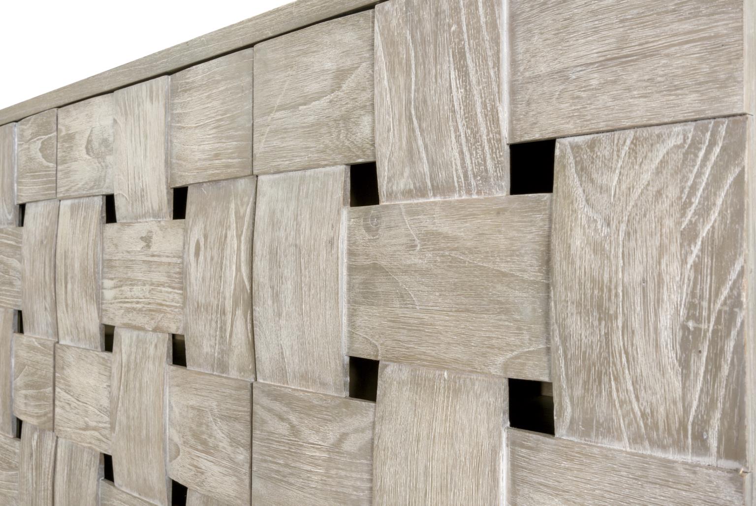 Wooden Weave 4-Door Credenza, Soft Close Doors, Grey Wash Finish.