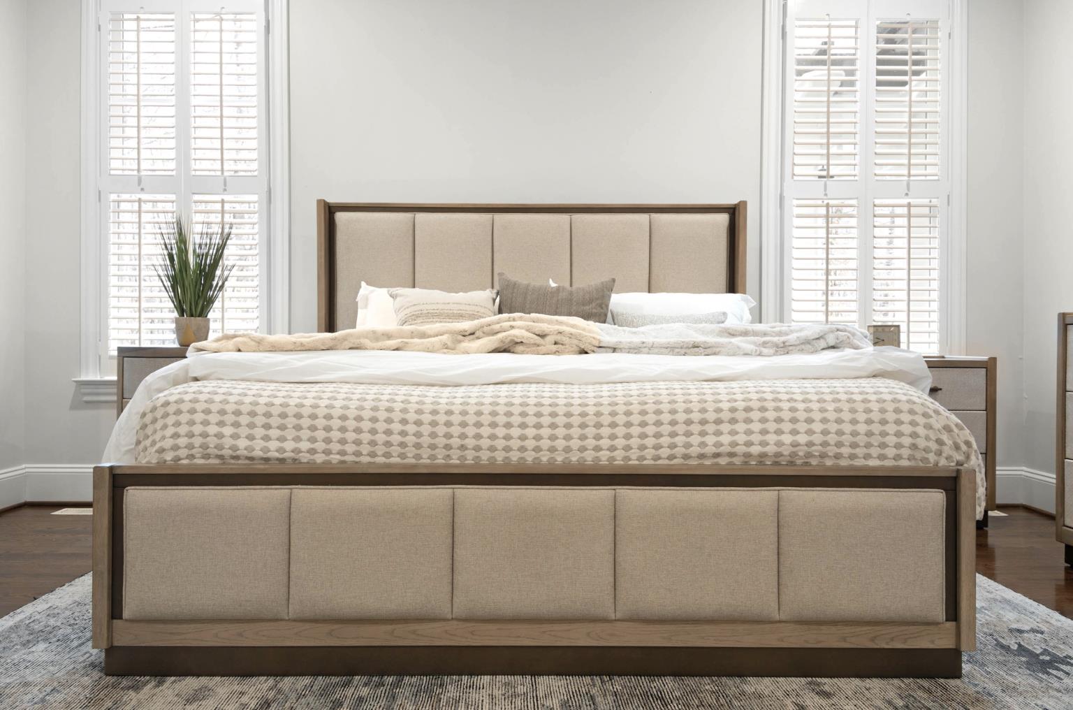 Rio Vista Upholstered King Bed Complete. Muted Earth Tones and Clay Finish